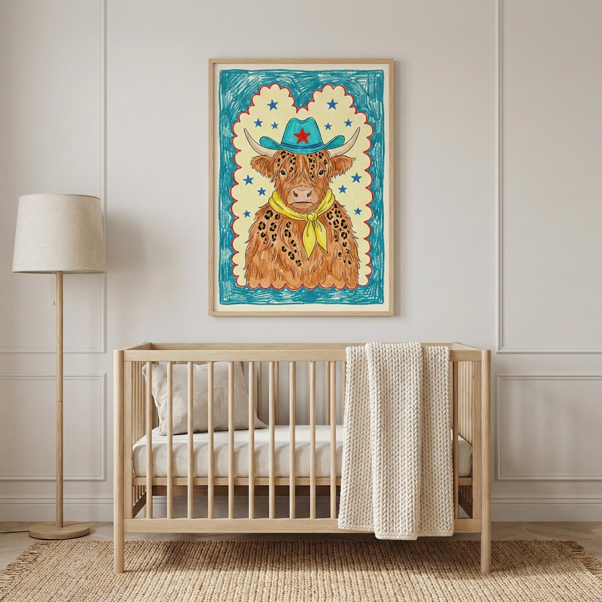 A nursery decorated with soft, neutral tones features a large framed drawing of a highland cow dressed as a cowboy. The cow wears a blue hat and yellow scarf, surrounded by blue stars and a scalloped border, adding a whimsical western charm to the space.
