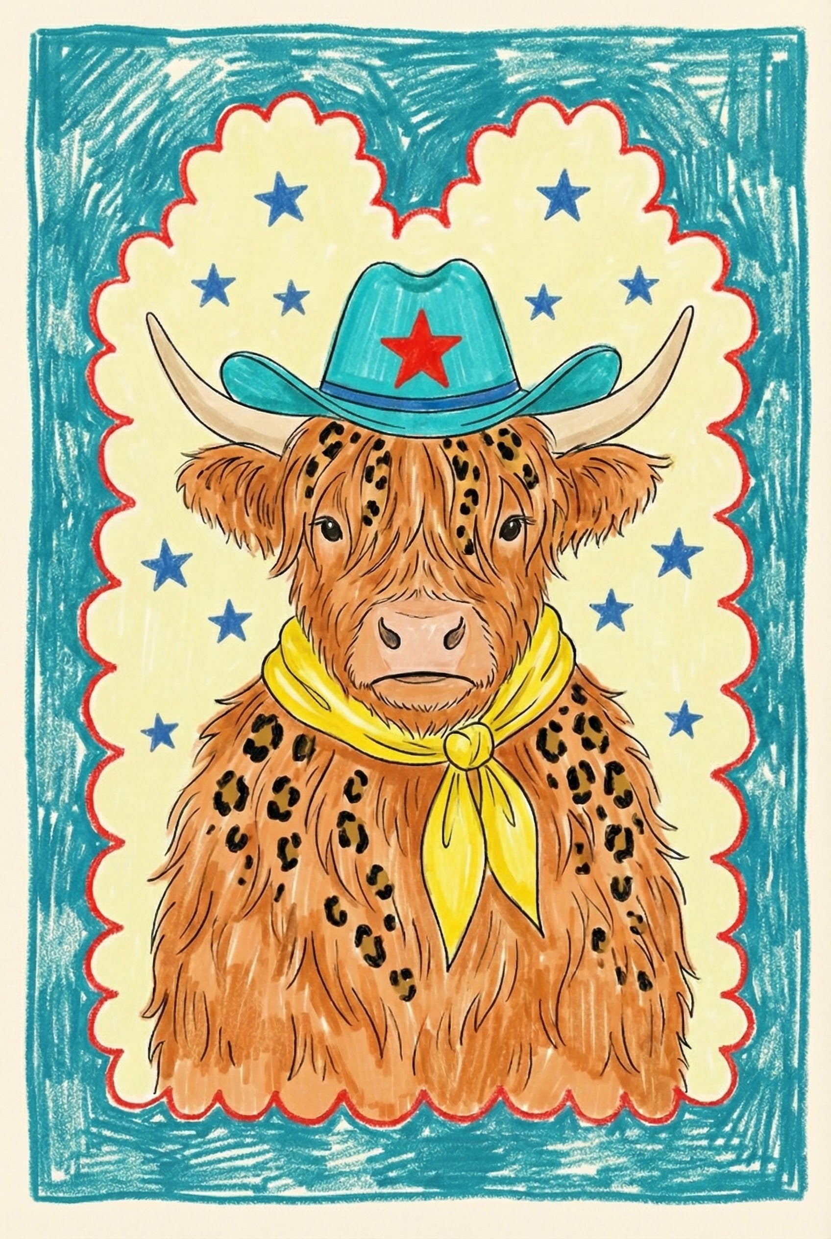 Framed crayon-style illustration of a highland cow with long, shaggy fur wearing a turquoise cowboy hat with a red star and a bright yellow bandana. The playful artwork features a scalloped border and starry background in cheerful blue, yellow, and red tones.