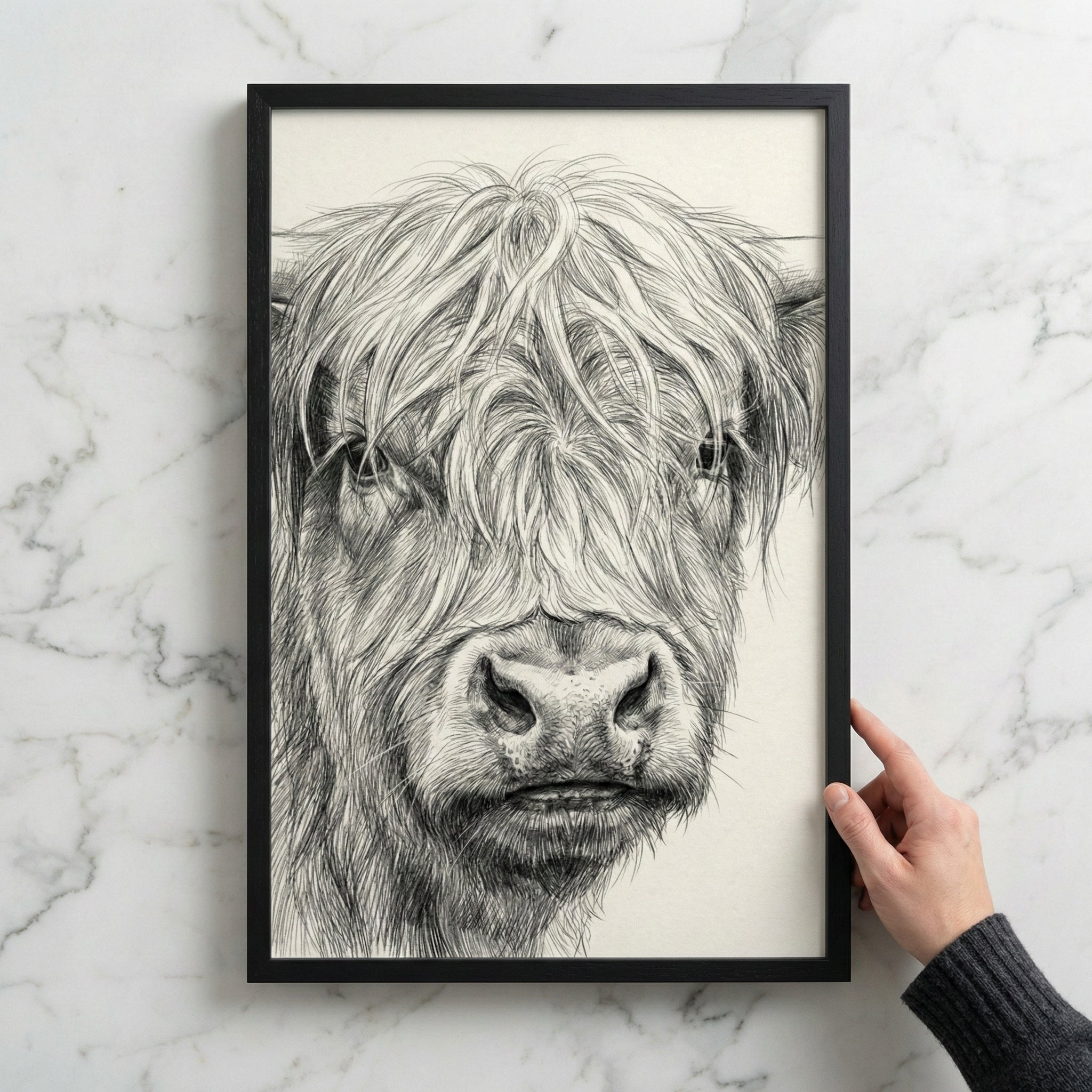 A detailed black and white sketch of a shaggy Highland cow's face, featuring its long, thick hair and large nose. The artwork is displayed in a thin black frame, held by a hand against a white marble wall.