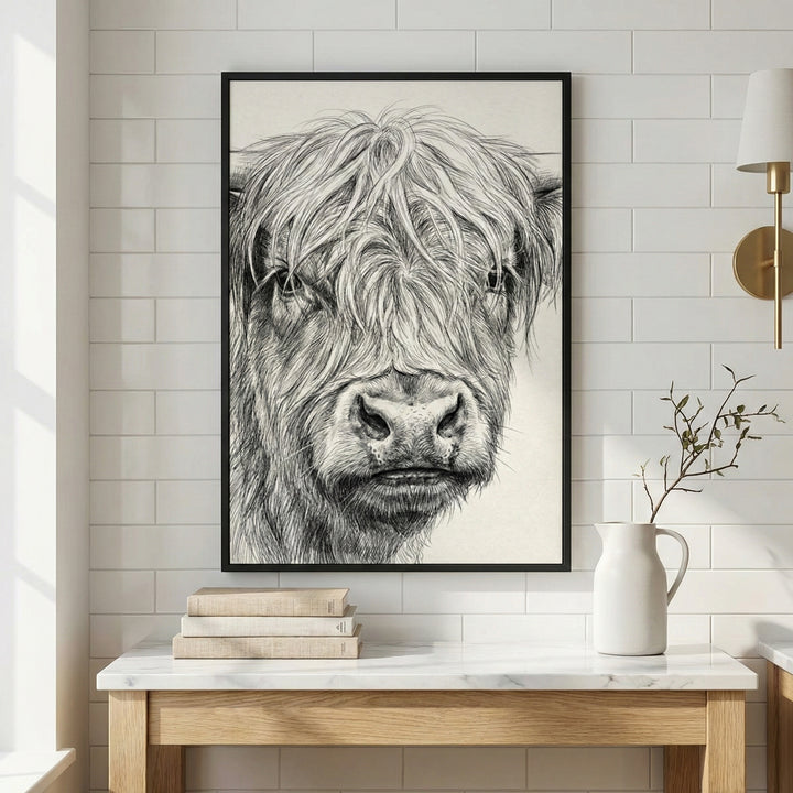 A detailed black and white sketch of a long-haired Highland cow's face, framed in black and hanging on a white subway tile wall. Below the artwork is a light wood table with a white marble top, featuring a stack of neutral-toned books and a white pitcher holding a thin branch. To the right, a gold-toned wall-mounted lamp with a white shade is visible.