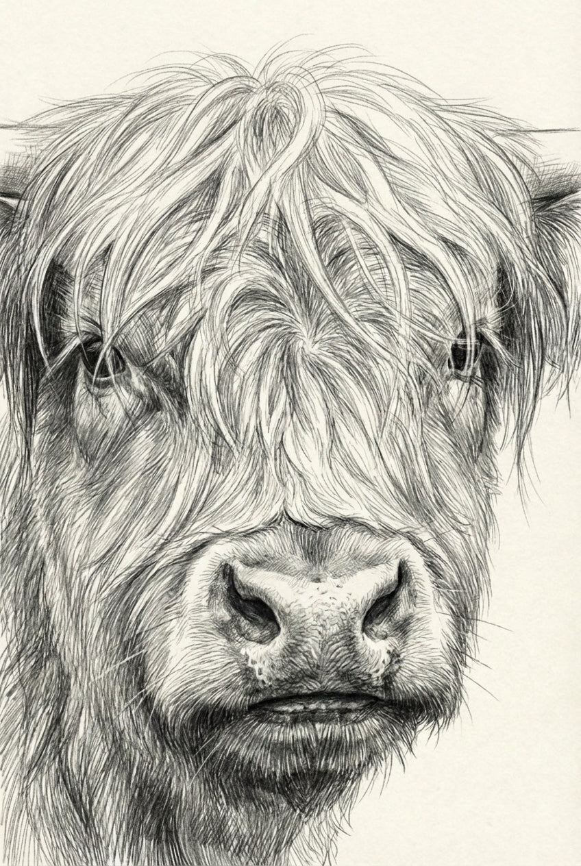 Close-up pencil sketch of a Highland cow’s face with long, shaggy hair covering its eyes and detailed texture on its snout and fur.
