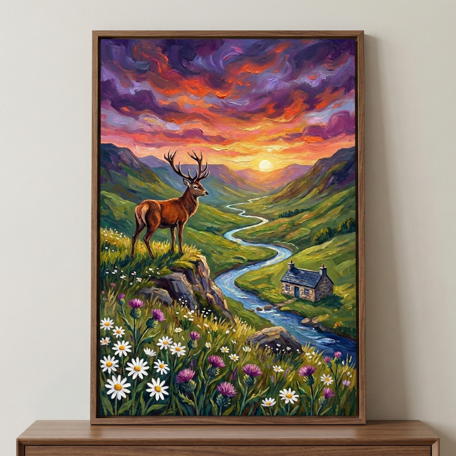 A framed landscape artwork featuring a majestic stag with large antlers standing on a cliffside overlooking a lush valley. In the foreground, a vibrant meadow of white daisies and purple thistles thrives on rocky terrain. A winding blue river flows through the green valley floor, passing a small stone cottage with a dark roof. 