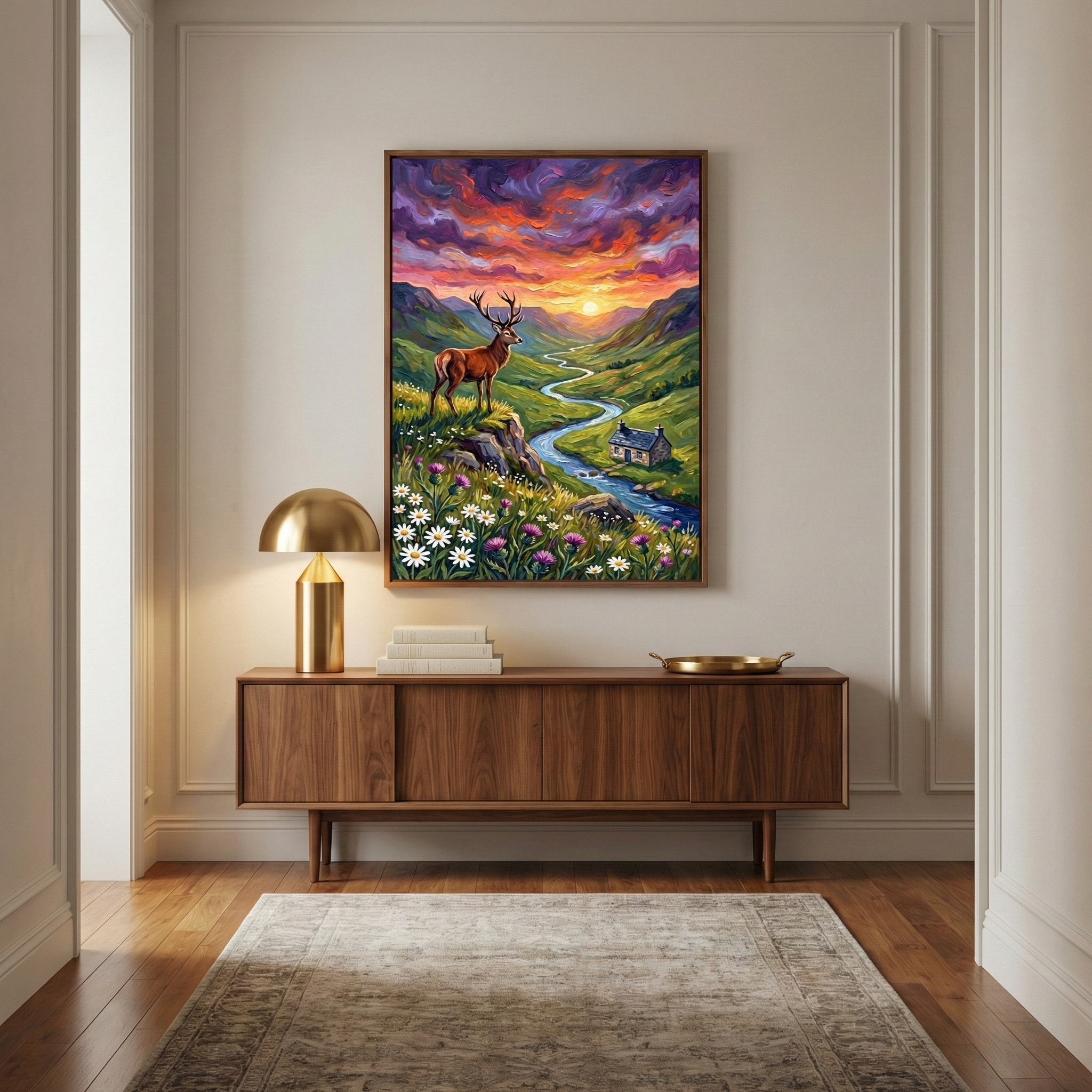 An interior scene displays a vibrant landscape artwork on a neutral wall. The artwork shows a deer with large antlers standing on a rocky ledge amidst wildflowers, looking over a valley with a winding blue river and a small cottage. In the background, green hills rise under a dramatic sky of swirling purple and orange clouds at sunset. Underneath is a dark wood sideboard with a gold lamp and a shallow gold tray. A large, patterned area rug rests on a dark wood floor.