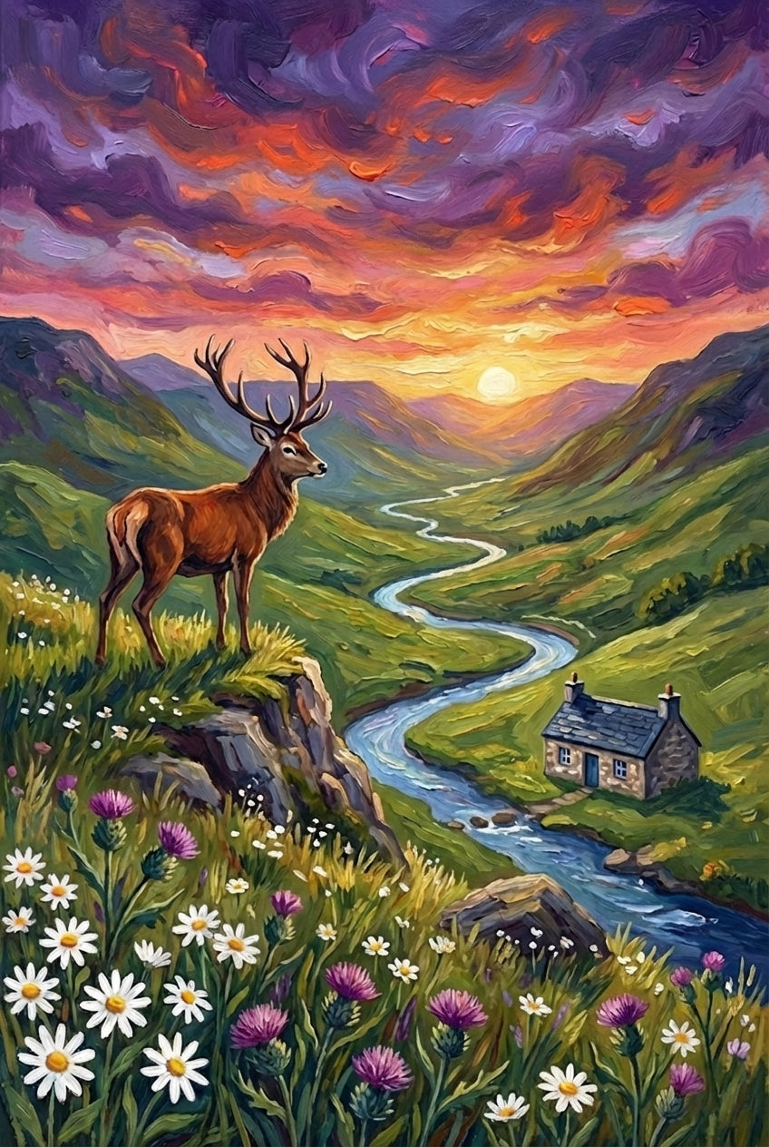 Vivid oil painting of a stag standing on a grassy cliff covered in daisies and purple thistles. Below, a winding river leads to a small stone cottage in a green valley beneath a dramatic pink and orange sunset sky. The scene emphasizes scale and the quiet majesty of the landscape.

