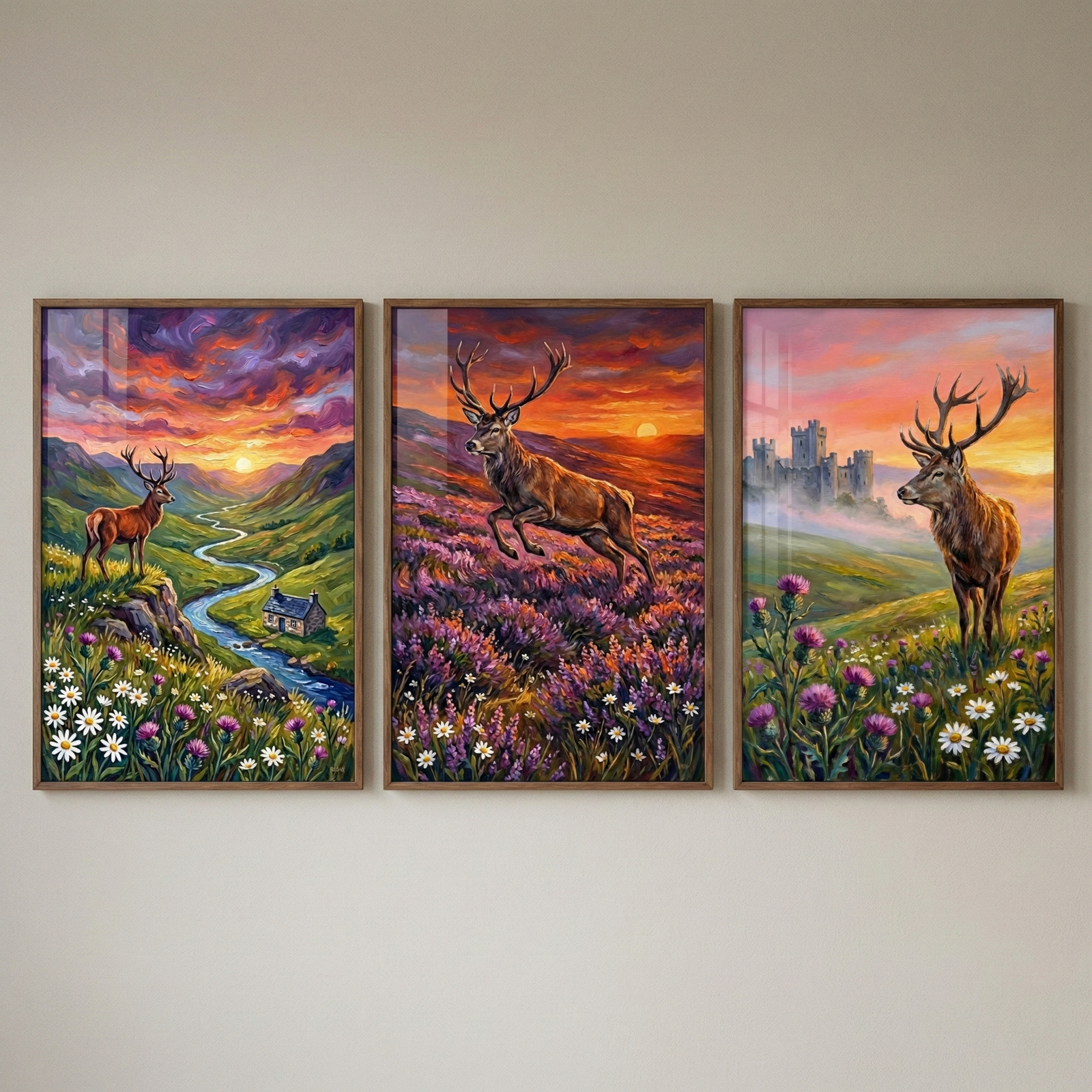 A triptych of three vertical framed art pieces is displayed side-by-side on a neutral-toned wall. Each piece showcases a vibrant, atmospheric depiction of a stag within a sweeping landscape inspired by the Scottish Highlands.

