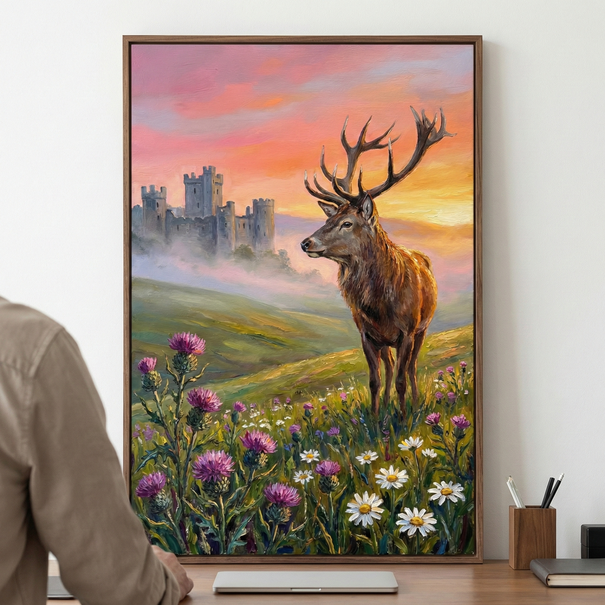 A vertical framed artwork captures a majestic stag with impressive antlers standing in a vibrant field of purple thistles and white daisies. In the hazy distance, a grand stone castle sits atop a green hill, partially obscured by mist. The sky is a warm gradient of pink, orange, and yellow, suggesting a tranquil sunset. The scene is presented as a piece of decor on a wall, positioned behind a person seated at a desk with a laptop and various office supplies.