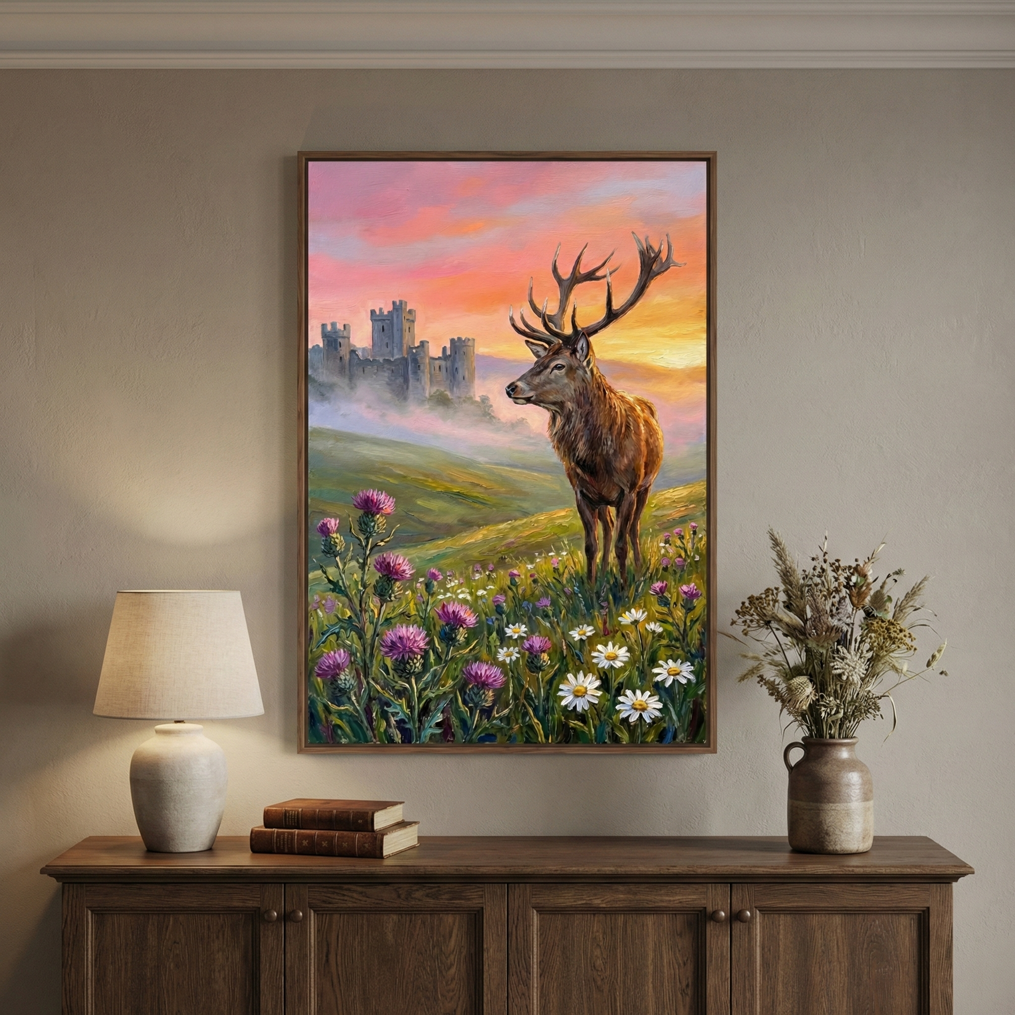 A framed landscape artwork hangs on a neutral wall above a dark wooden sideboard. The image depicts a large stag with majestic antlers standing in a field of purple thistles and white daisies. In the misty background, a stone castle sits on a green hill under a sunset sky filled with pink and orange light. On the sideboard below, a small lamp, a stack of books, and a rustic jar filled with dried plants create a cozy and warm interior setting.