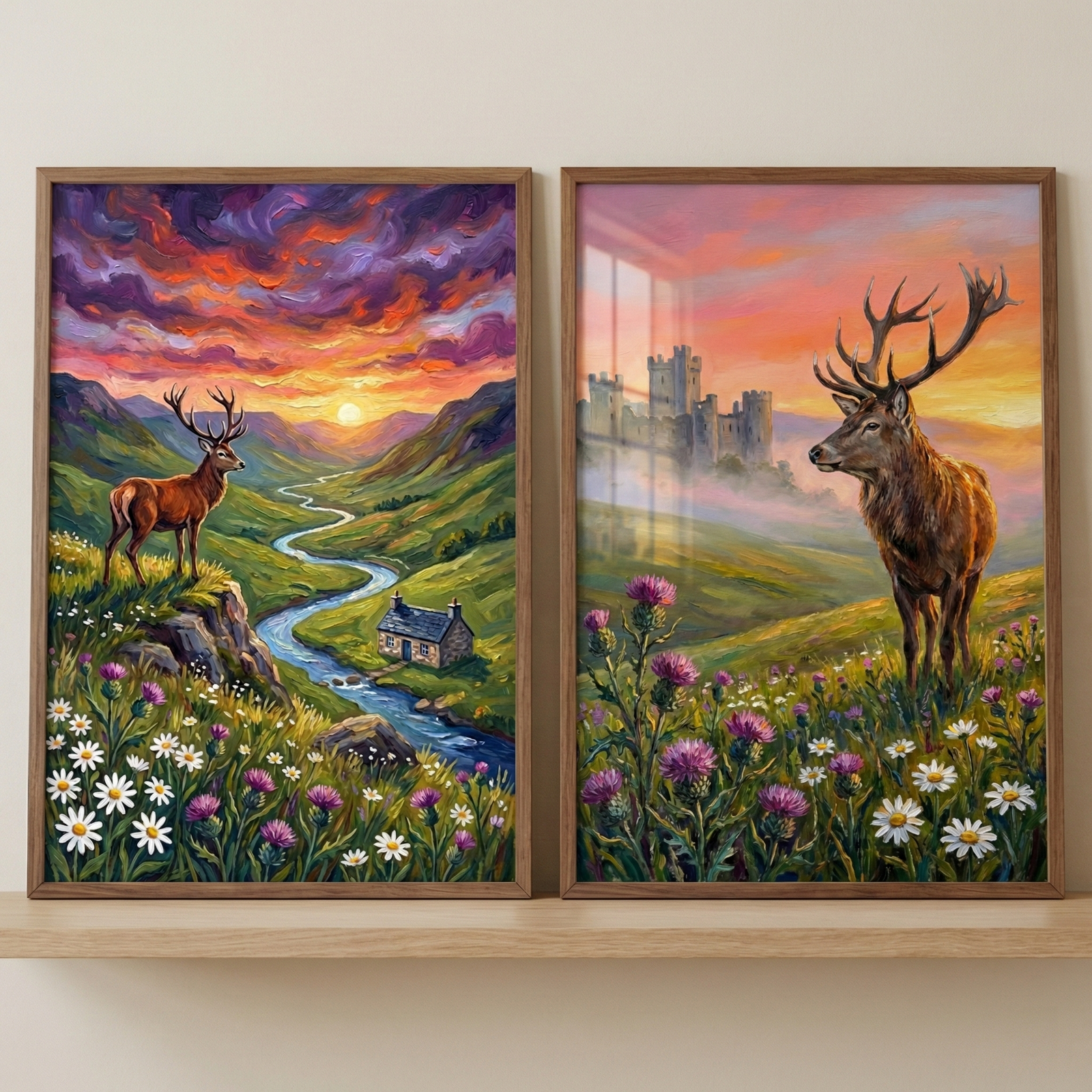 Two framed vertical artworks of Highland landscapes rest on a light wood shelf. The left piece features a stag on a rocky ledge overlooking a winding river, a stone cottage, and a vibrant sunset with swirling purple and orange clouds. The foreground is filled with white daisies and purple thistles. The right piece shows a large stag in the foreground against a backdrop of a mist-shrouded castle and a soft pink sky. Both scenes are rendered with rich, textured colors and expressive lines.