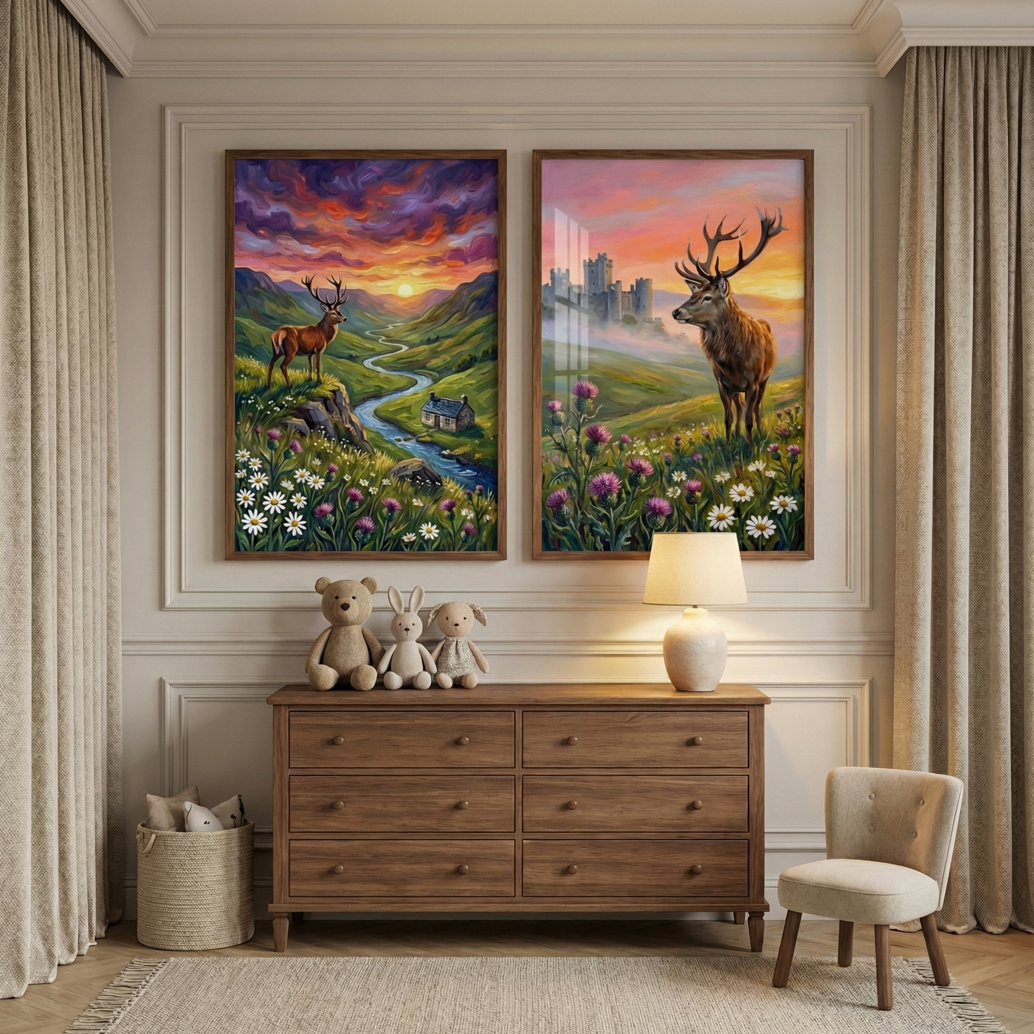 Highland Stag Wall Art Set of 2 - Sunset River Valley