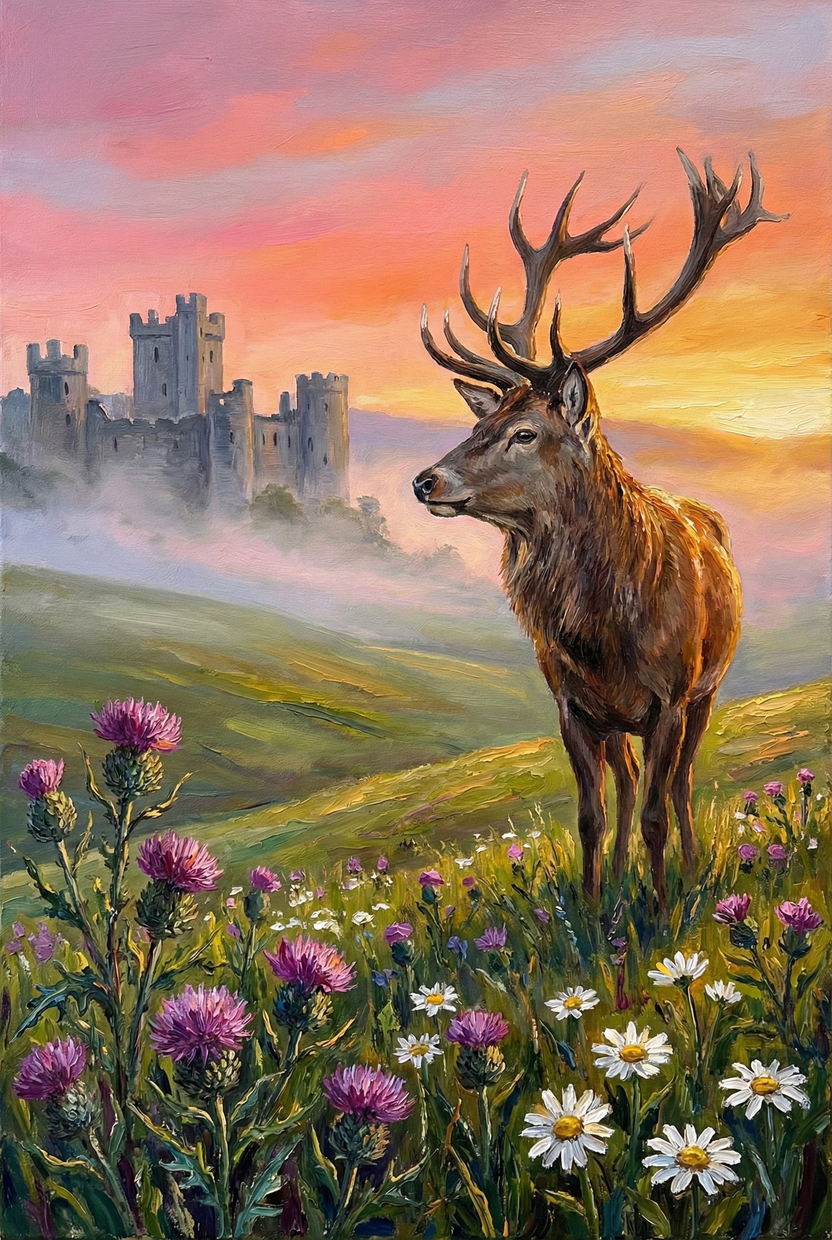 Oil painting of a stag standing in a wildflower meadow filled with daisies and thistles. A stone castle rises in the mist behind rolling hills under a warm peach and pink sunrise sky. The soft haze adds a romantic storybook feeling to the setting.
