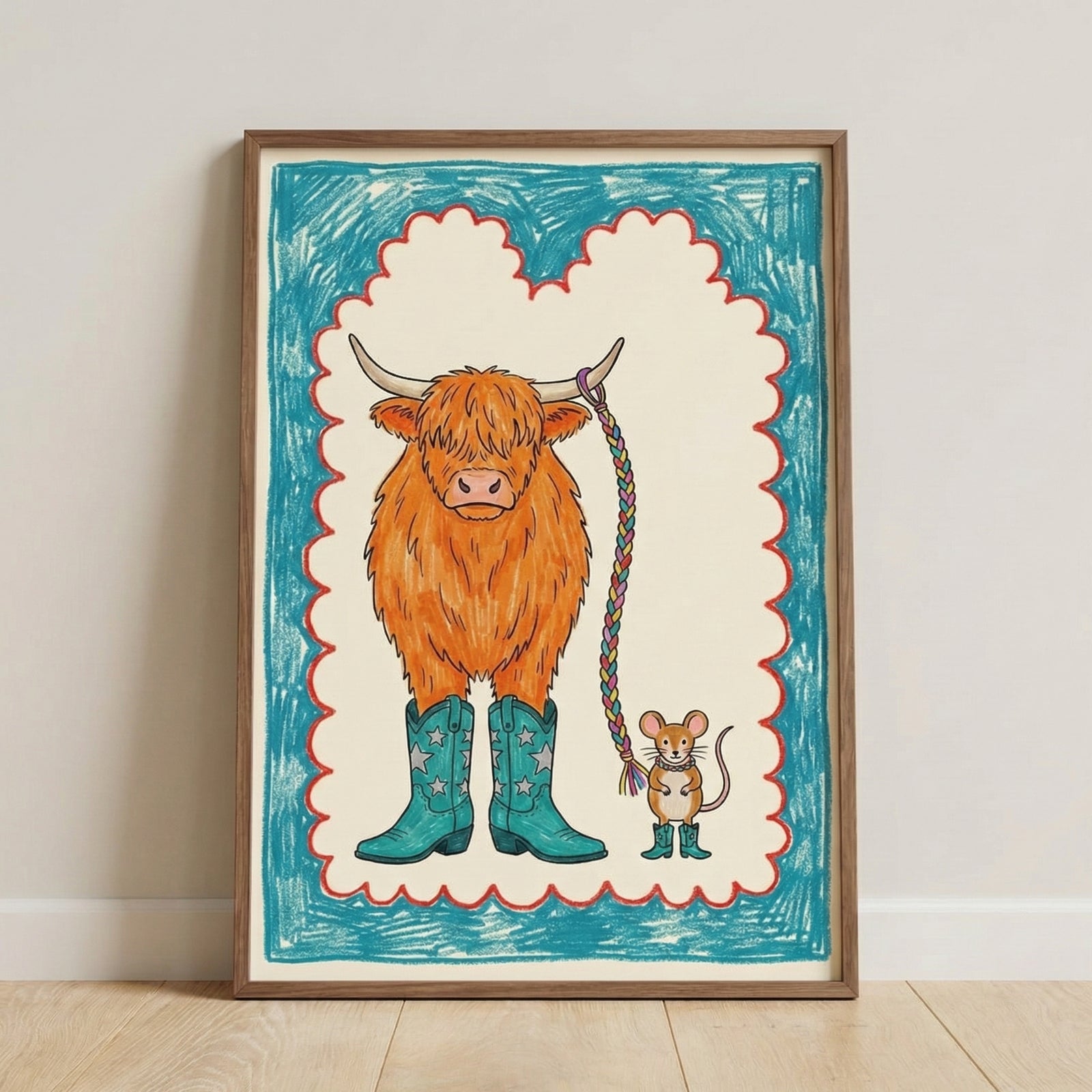 Whimsical crayon-style illustration of a fluffy highland cow wearing teal cowboy boots with stars, standing beside a small mouse also wearing matching boots. The cow holds a colorful braided rope, with a scalloped border and blue background framing the playful scene.