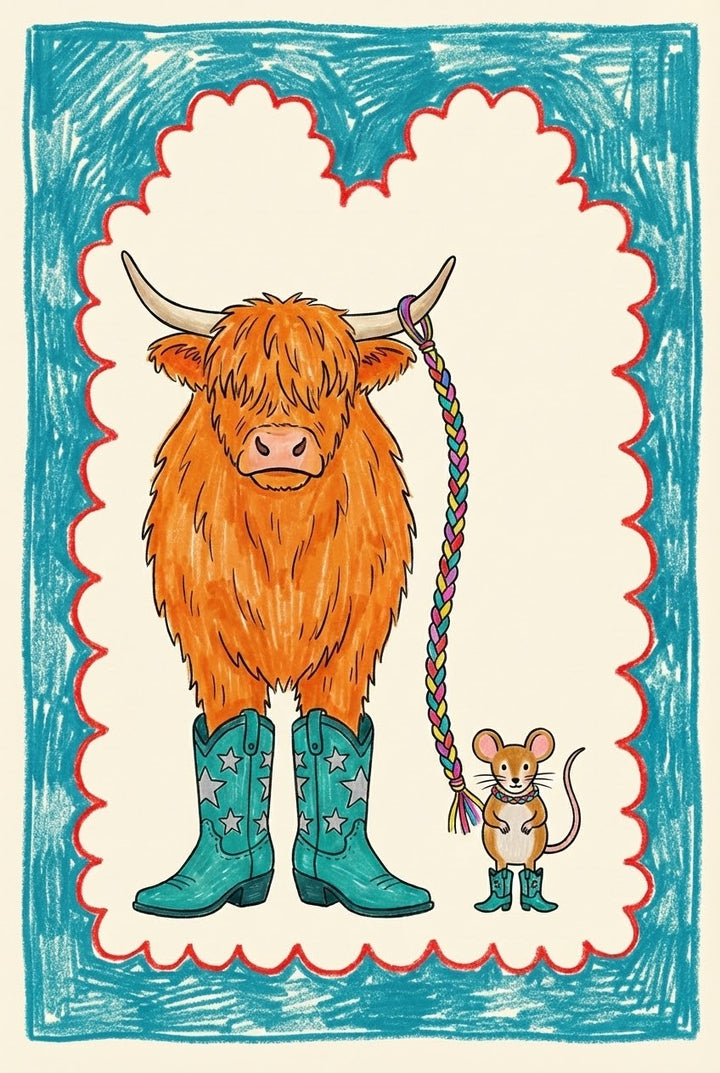 Whimsical crayon-style illustration of a fluffy highland cow wearing teal cowboy boots with stars, standing beside a small mouse also wearing matching boots. The cow holds a colorful braided rope, with a scalloped border and blue background framing the playful scene.
