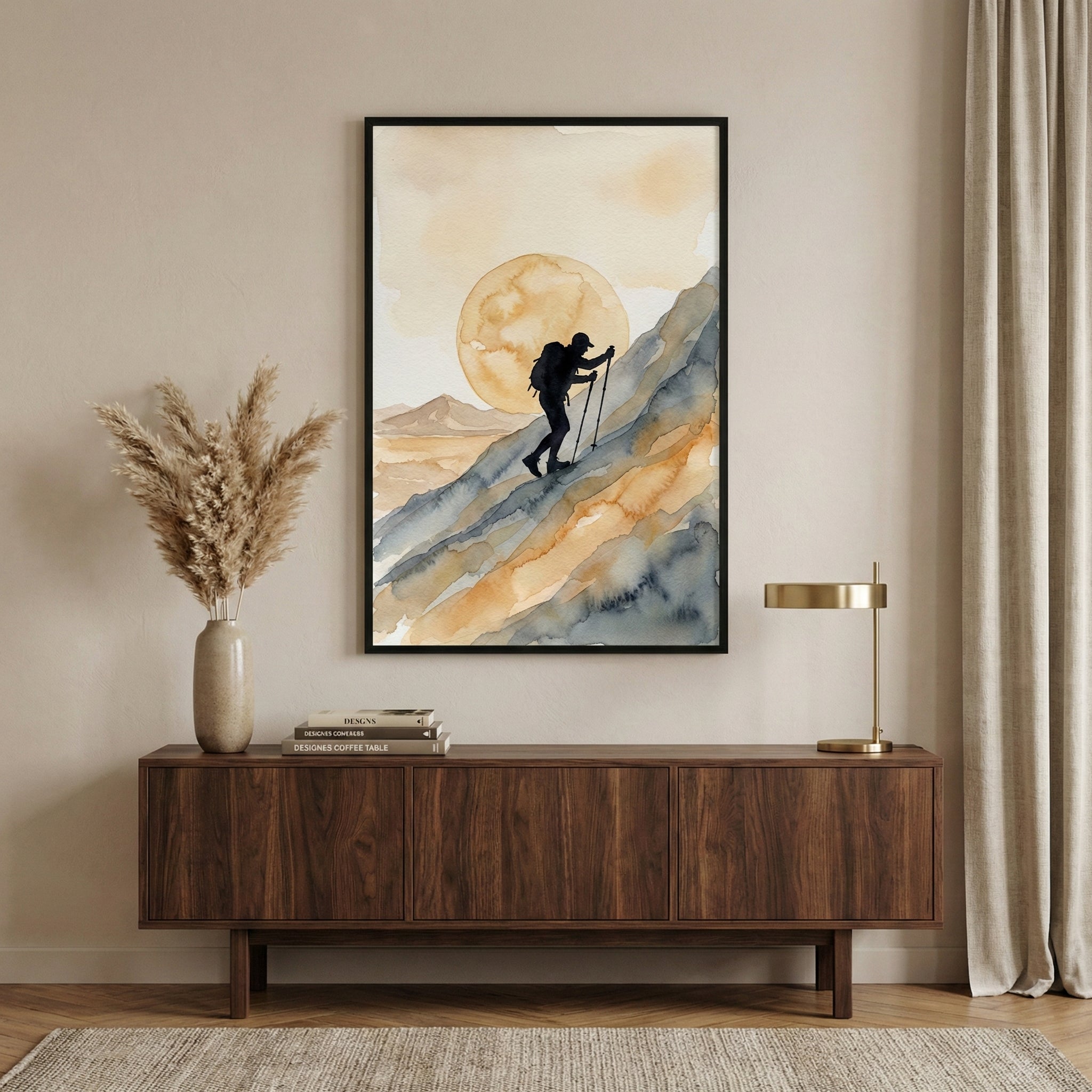A minimalist living room featuring a large framed watercolor painting of a hiker climbing a rugged mountain slope with trekking poles, set against a warm-toned backdrop with a golden sun. The room includes a dark wood sideboard, neutral-toned decor, and soft lighting that highlights the earthy, adventurous feel of the artwork.