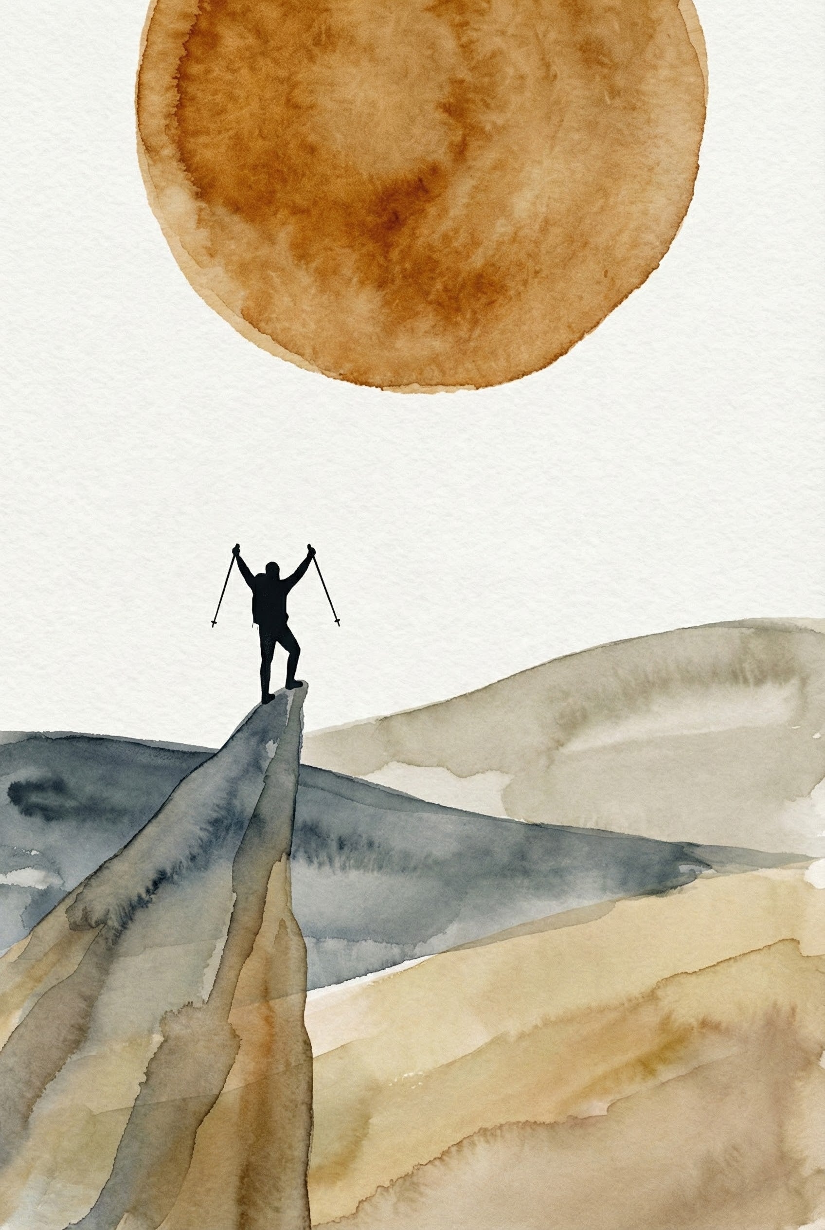 Watercolor painting of a hiker standing triumphantly on a narrow mountain peak, arms raised with trekking poles against a massive burnt-orange sun. The surrounding hills and soft-toned landscape evoke a sense of achievement and quiet inspiration.
