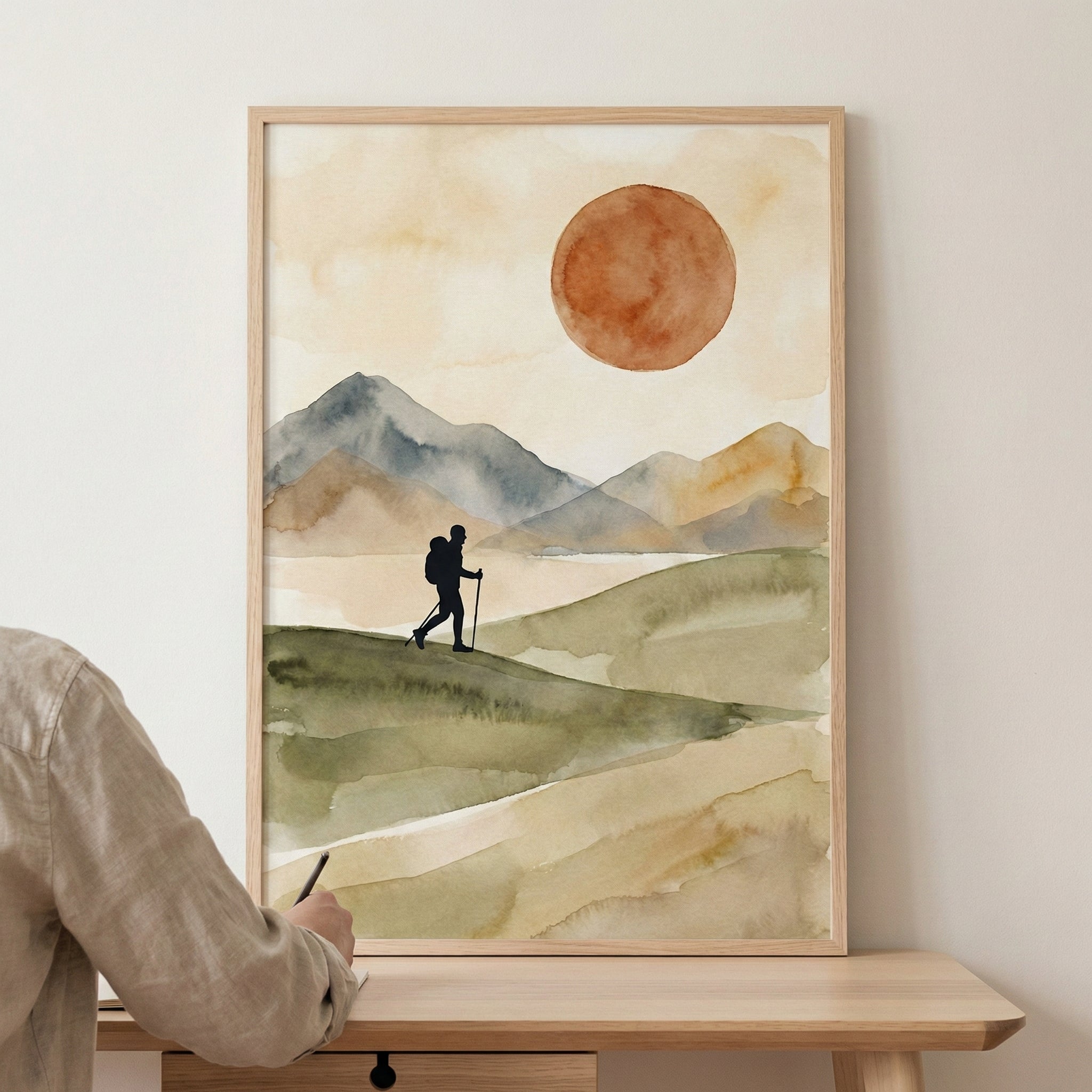 Watercolor painting of a lone hiker walking across rolling green hills with a backdrop of misty mountains and a large sun in the sky.