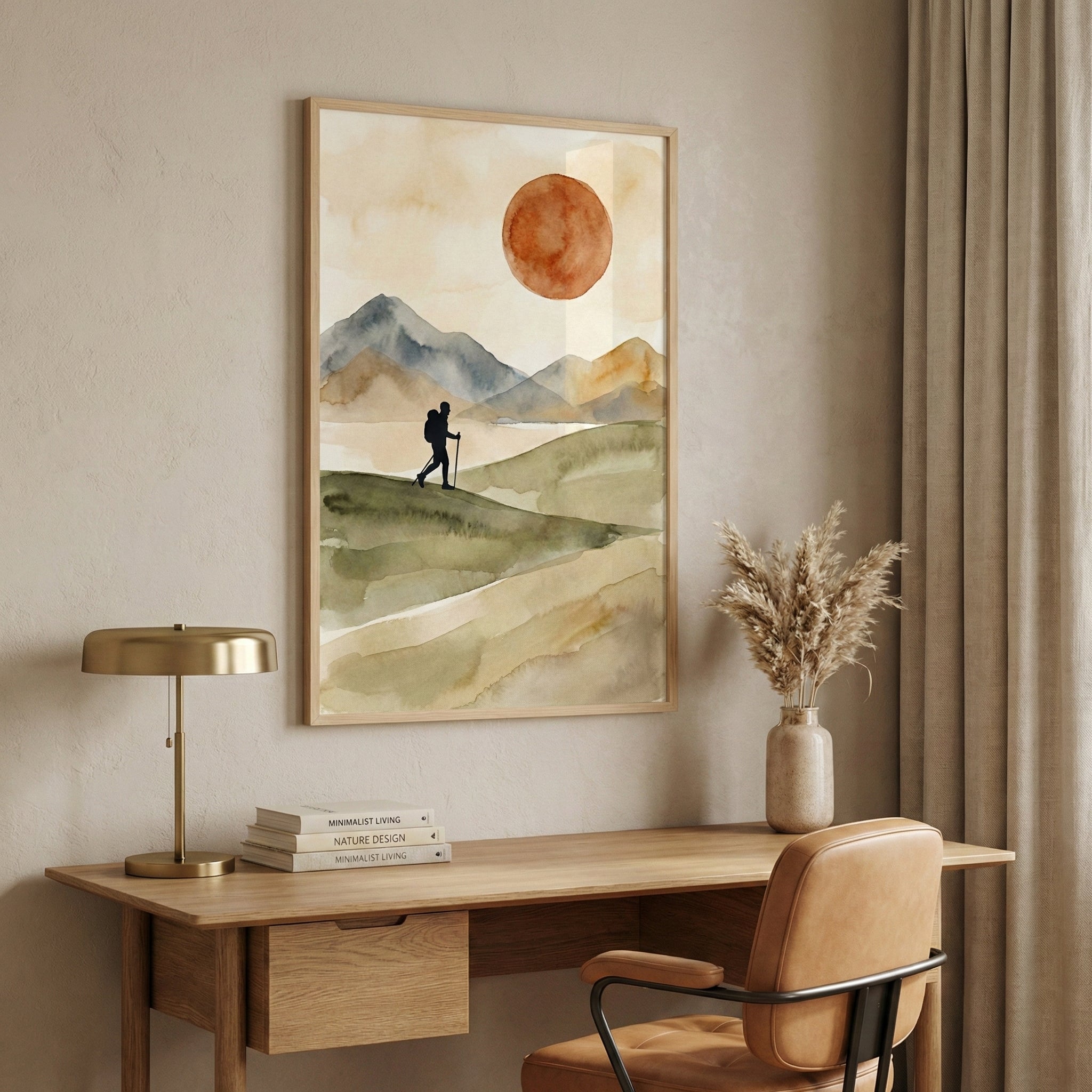 Framed artwork of a hiker trekking through a serene mountain landscape under a glowing orange sun, displayed above a wooden desk in a softly lit room.