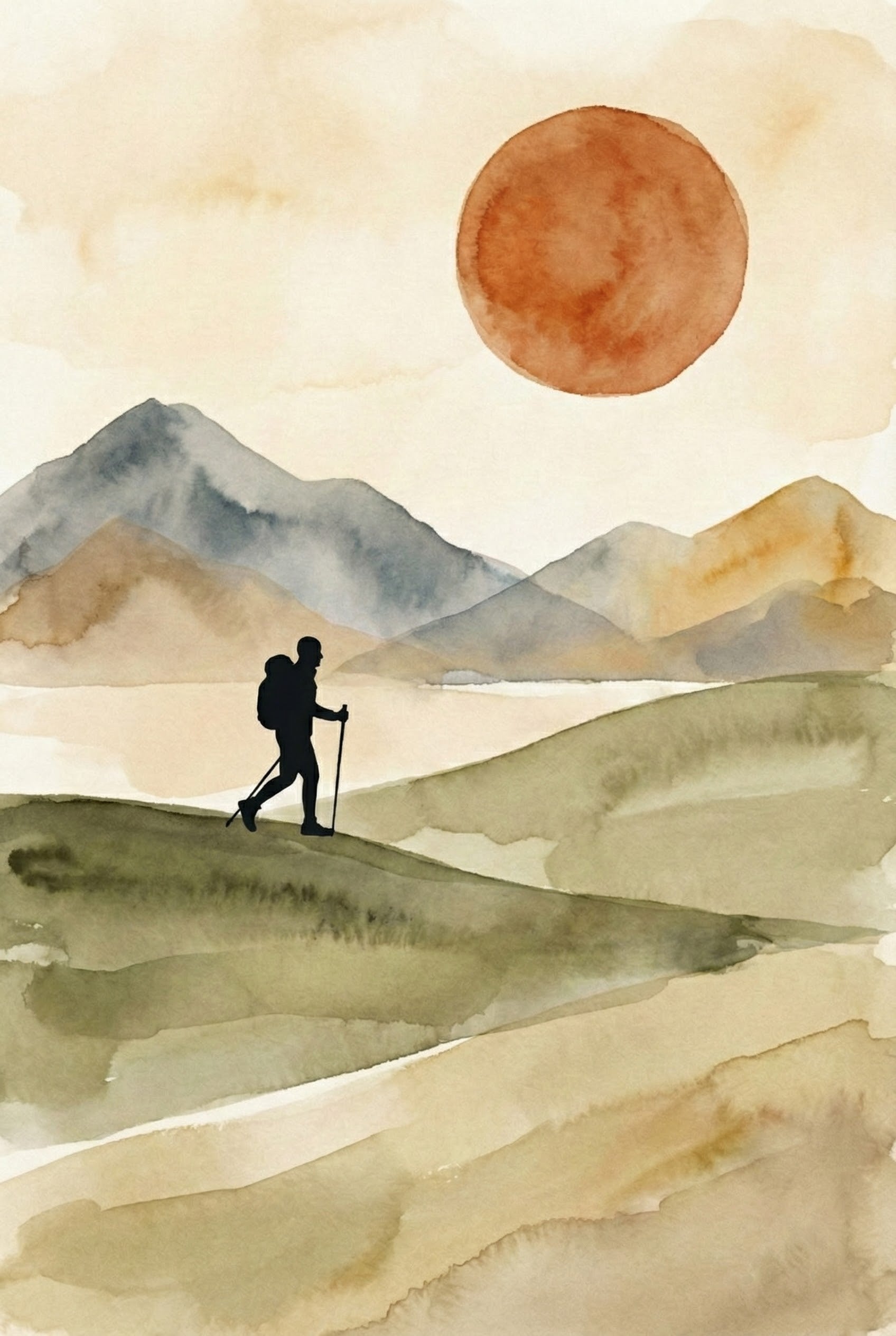 Watercolor painting of a hiker walking across rolling green hills with trekking poles, set against a backdrop of layered mountains. A large, warm orange sun hangs in the sky, casting a gentle light over the serene landscape.