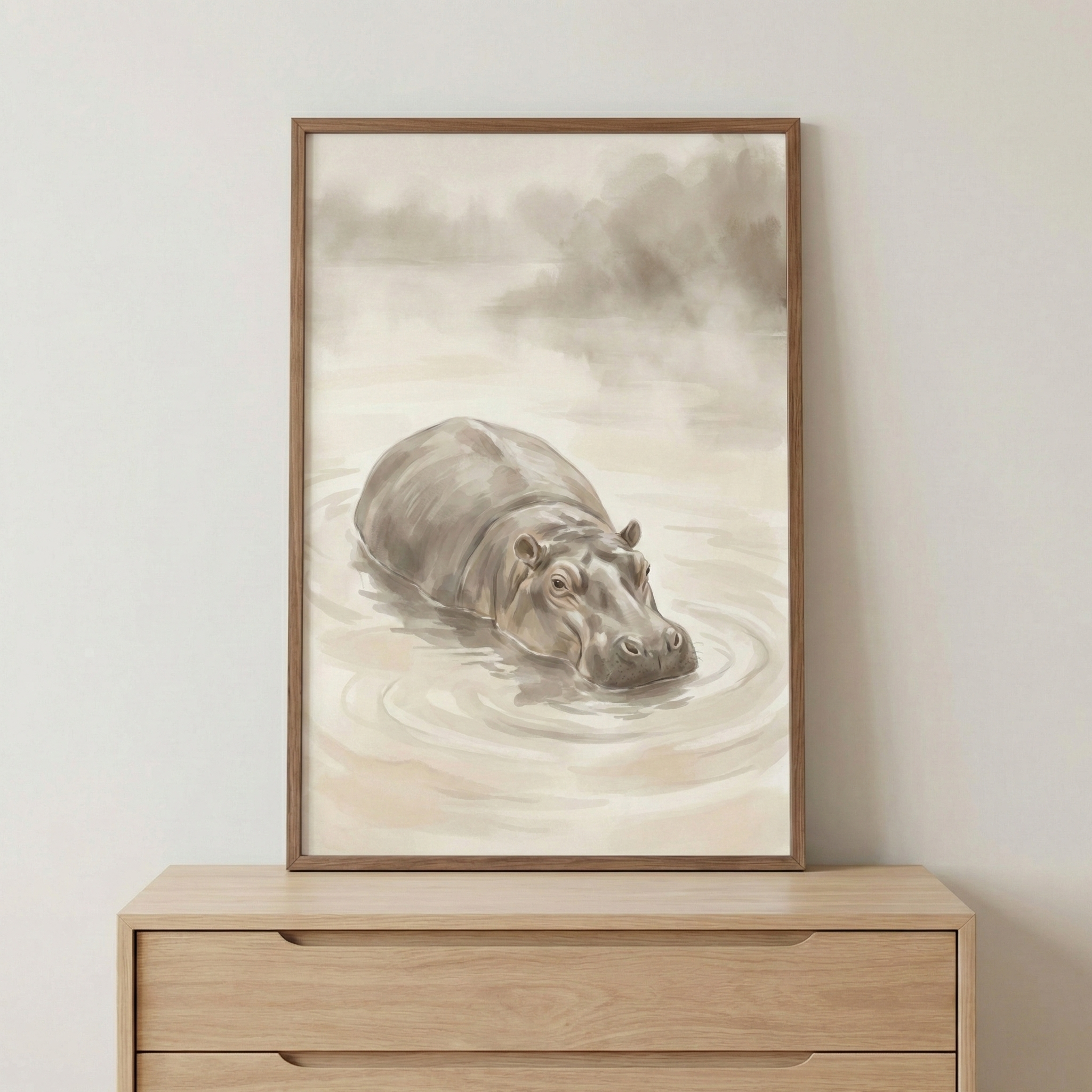 This vertical artwork features a soft, watercolor-style illustration of a hippopotamus. The animal is depicted partially submerged in calm, beige-toned water, with gentle ripples emanating from its body. Its head and upper back are visible, showing detailed textures in its skin and features in a realistic yet artistic manner. The background is a hazy, atmospheric scene with muted silhouettes of distant trees under a soft, overcast sky. 