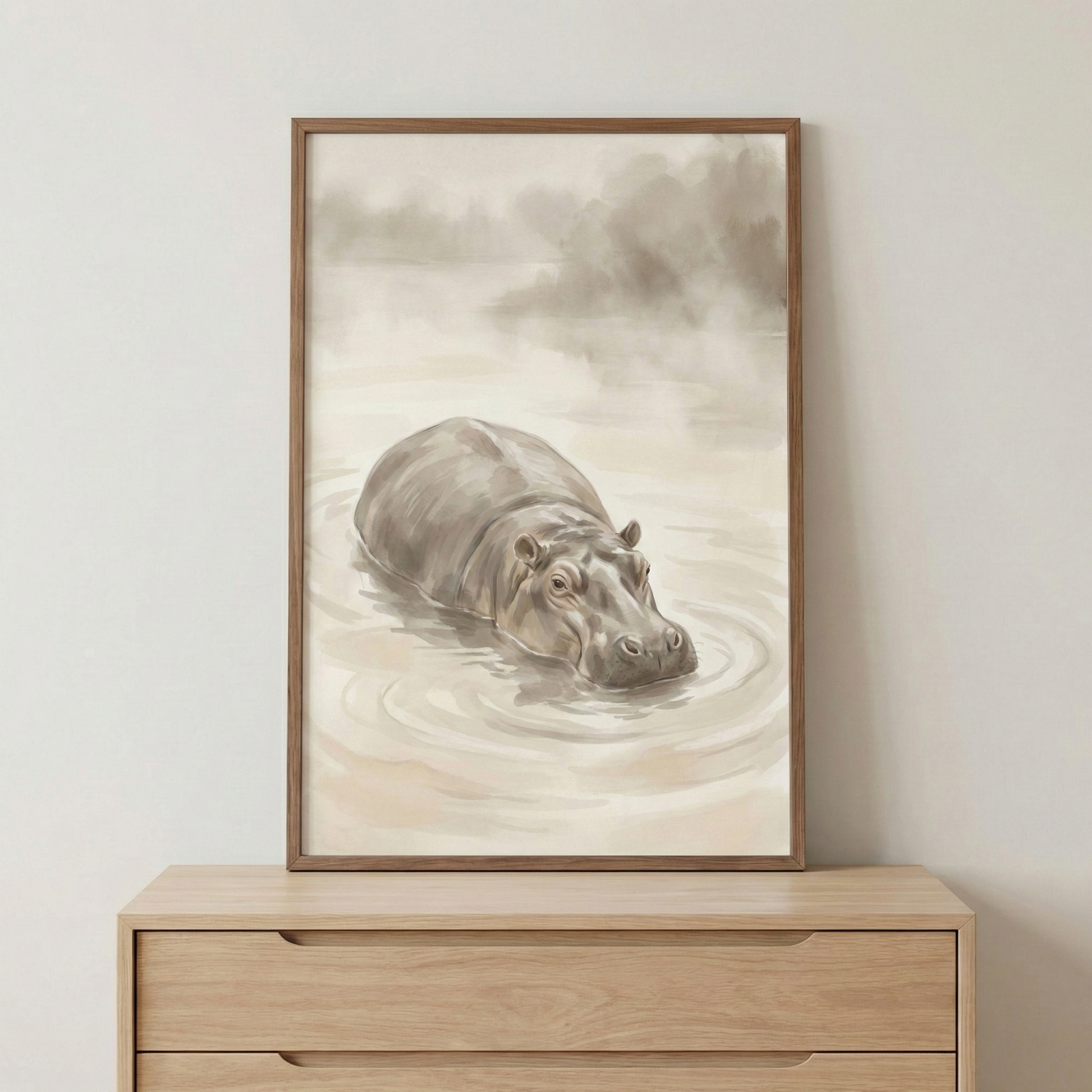This vertical artwork features a soft, watercolor-style illustration of a hippopotamus. The animal is depicted partially submerged in calm, beige-toned water, with gentle ripples emanating from its body. Its head and upper back are visible, showing detailed textures in its skin and features in a realistic yet artistic manner. The background is a hazy, atmospheric scene with muted silhouettes of distant trees under a soft, overcast sky. 