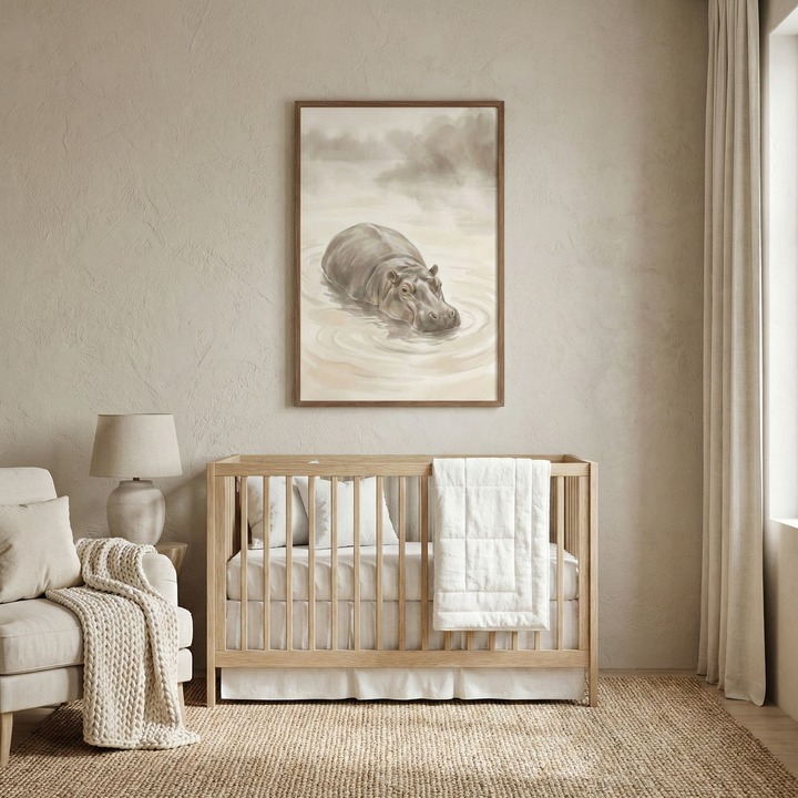 A serene and minimalist nursery room designed with a neutral, earthy color palette. On a textured light beige wall hangs a large, vertically oriented wood-framed watercolor illustration of a hippopotamus partially submerged in calm water, rendered in soft greys and tans. Below the artwork is a simple light oak wood crib with white bedding and a white quilted blanket draped over the rail. To the left, a plush cream-colored upholstered armchair features a thick, chunky knit throw blanket. 