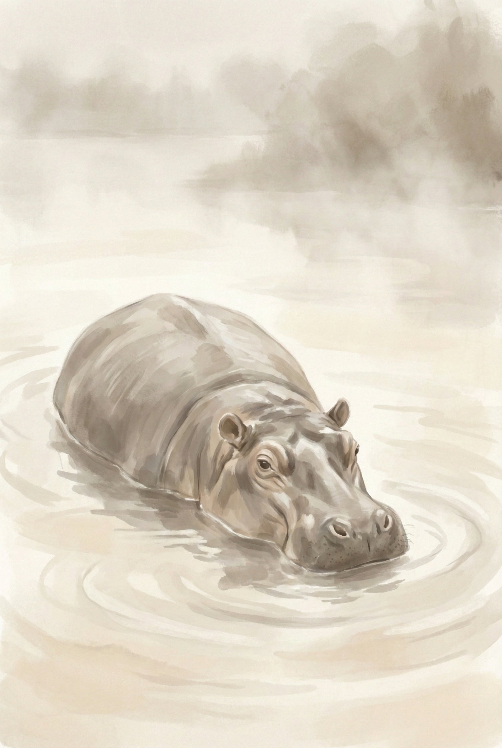 Minimal watercolor painting of a hippopotamus resting in calm water, surrounded by soft misty background details in warm beige and taupe tones.

