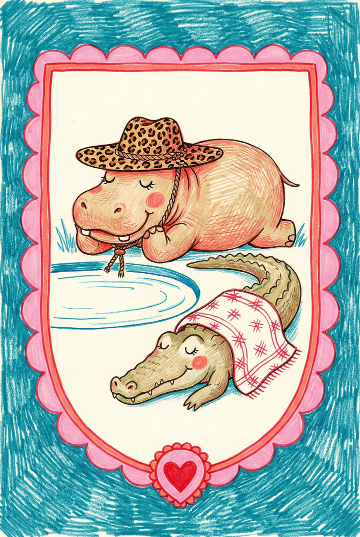 Whimsical illustration of a smiling hippo wearing a leopard-print cowboy hat, sipping from a small pond, while a crocodile lounges beside it with a red-checkered towel draped over its back. The playful scene is framed by scalloped pink and blue borders with a red heart emblem at the bottom.