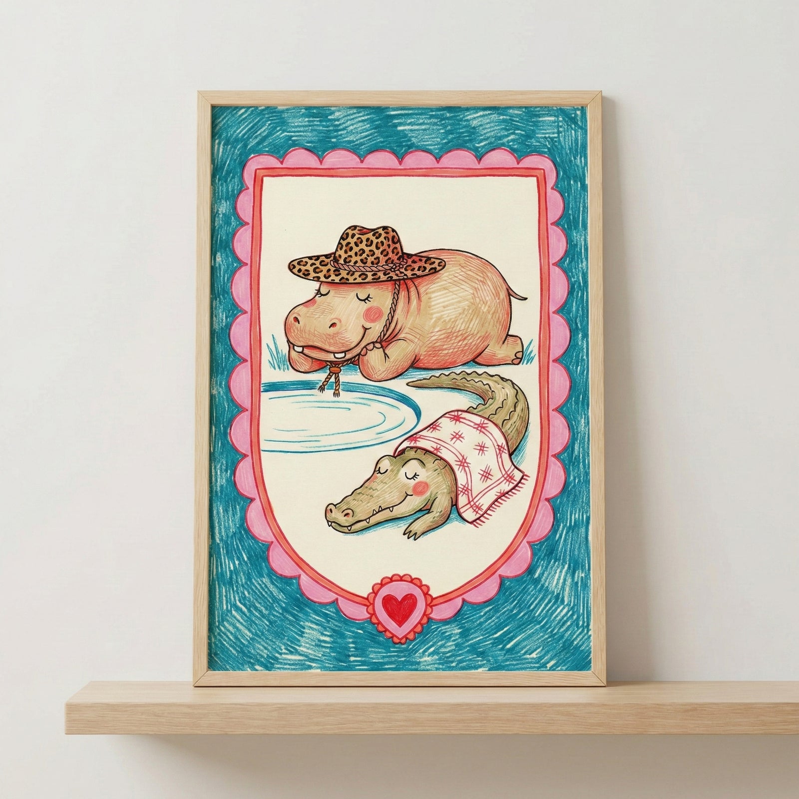 Framed illustration of a hippo and a crocodile in playful outfits, set against a colorful scalloped border. The hippo wears a leopard-print hat and sips from a pond, while the crocodile lounges nearby with a red-patterned towel draped over its back.