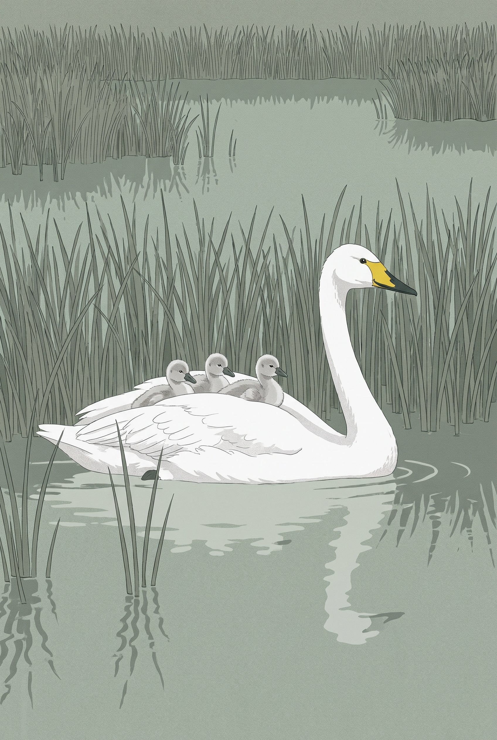 Hitchhiking Baby Cygnets Swan Wall Art - Swan Family Voyage