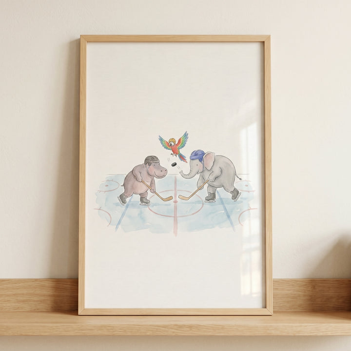 Hippo and elephant play ice hockey in this framed hockey stick skating animals wall art resting on a wooden shelf.