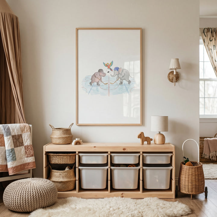 Hockey stick skating animals wall art hangs over a wooden toy organizer and baskets in a minimalist nursery.