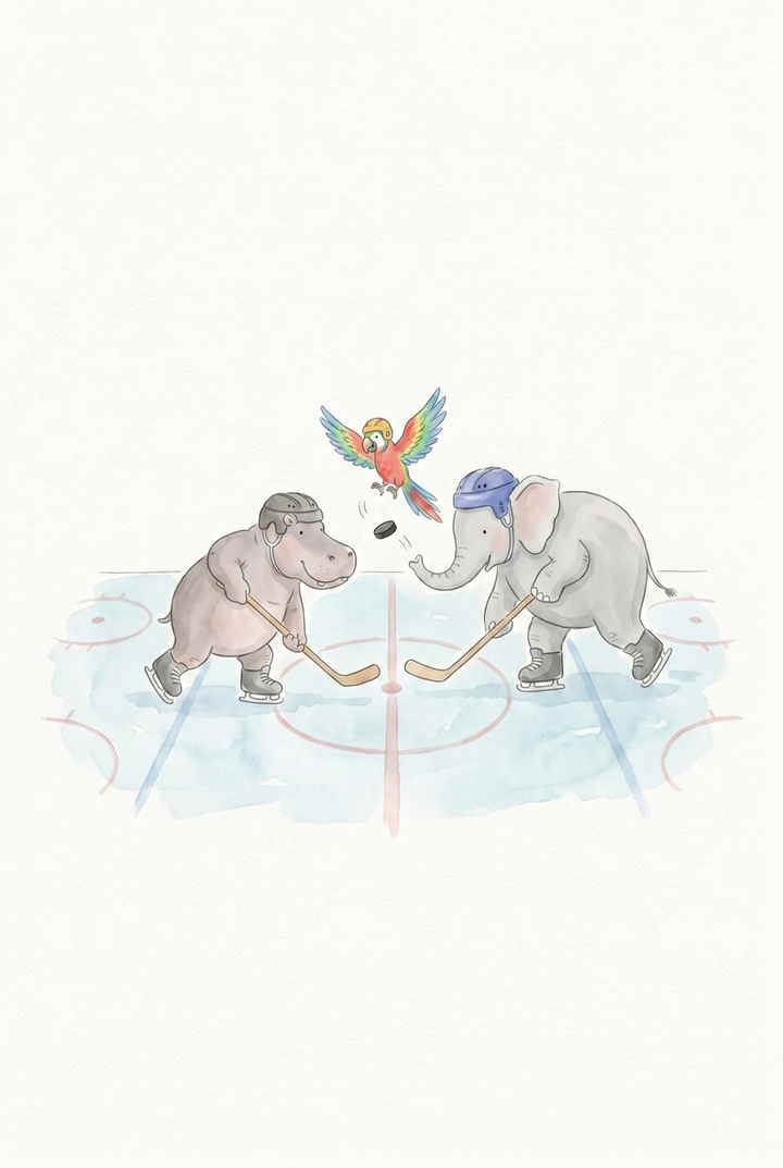 A hippo and elephant in this hockey stick skating animals wall art face off while a parrot drops the puck.