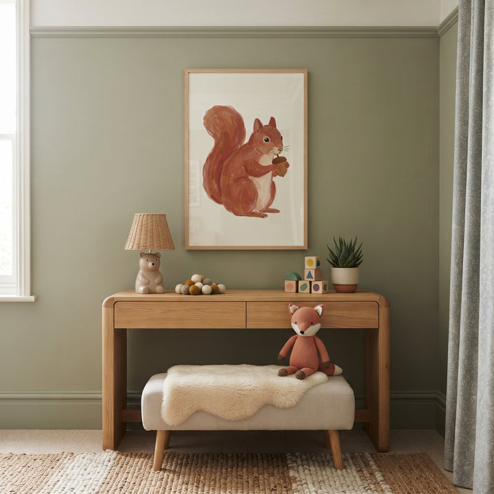 Holding acorn red squirrel wall art hangs above a wood desk with a fox toy and bear lamp against sage green walls.