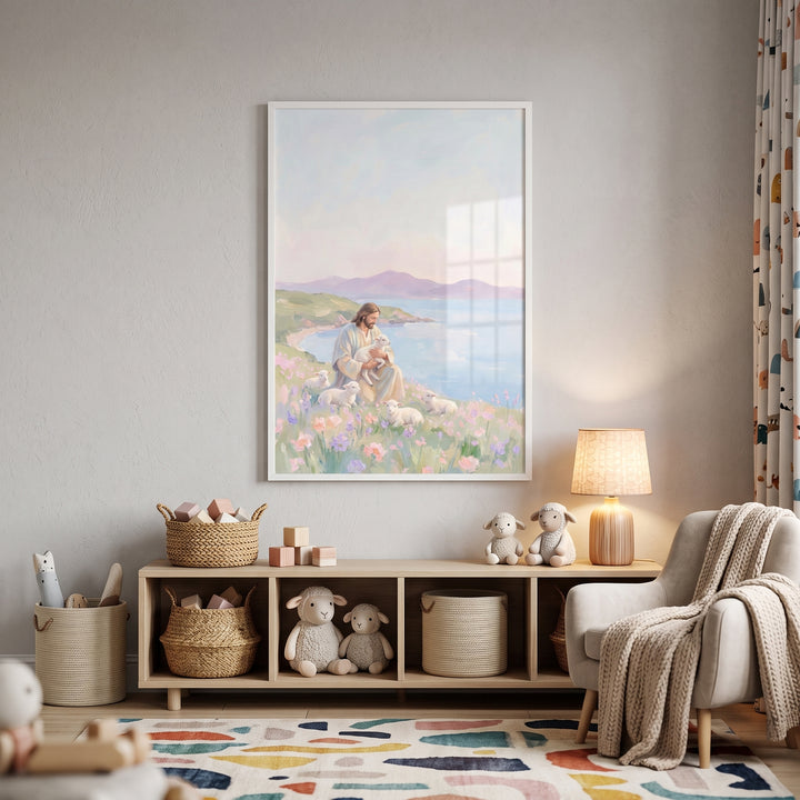 Framed holding baby lamb jesus artwork hangs in a neutral nursery above a wooden shelf with baskets and stuffed toys.