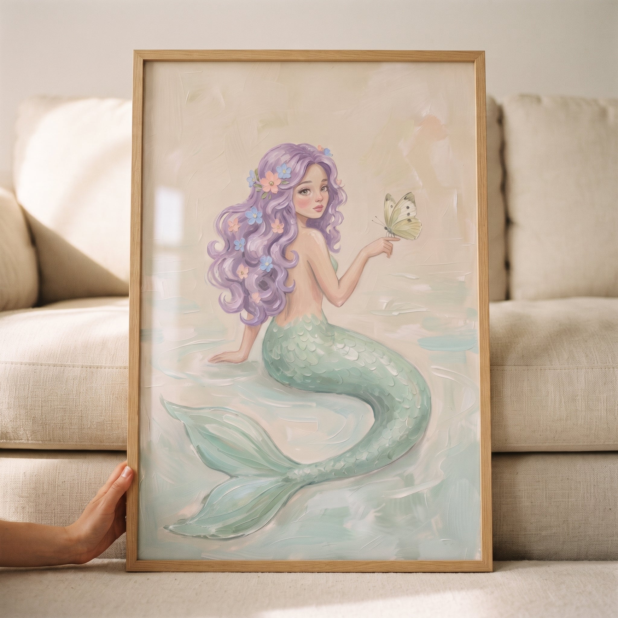 Holding Dainty Butterfly Mermaid Wall Art - Lavender Sea Maiden
