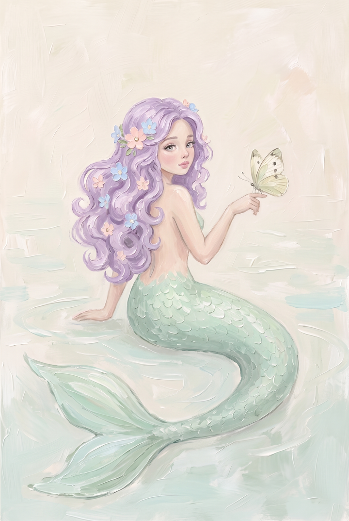 Purple-haired mermaid with floral accents and a green tail holding dainty butterfly mermaid wall art.