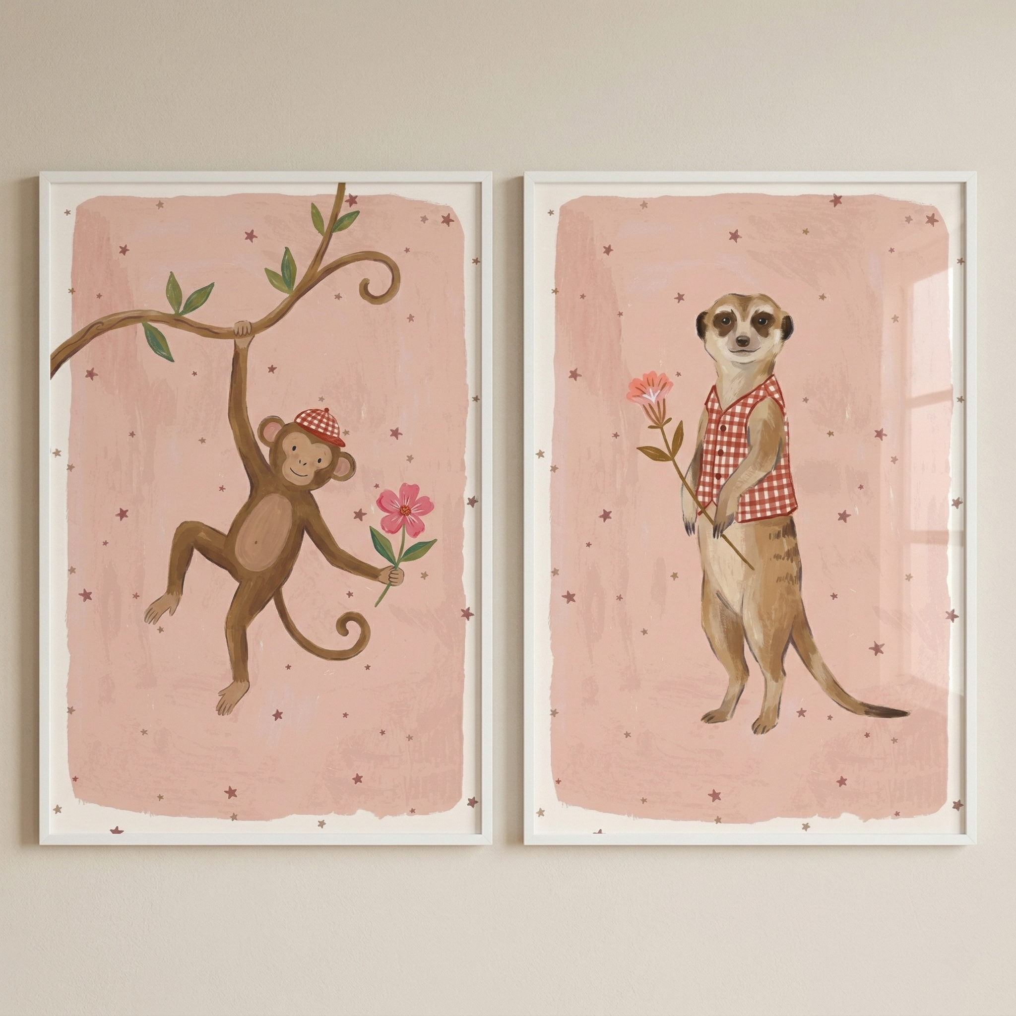 Holding Flower Safari Animals Wall Art Set of 2 - Sweet Pink Friends
