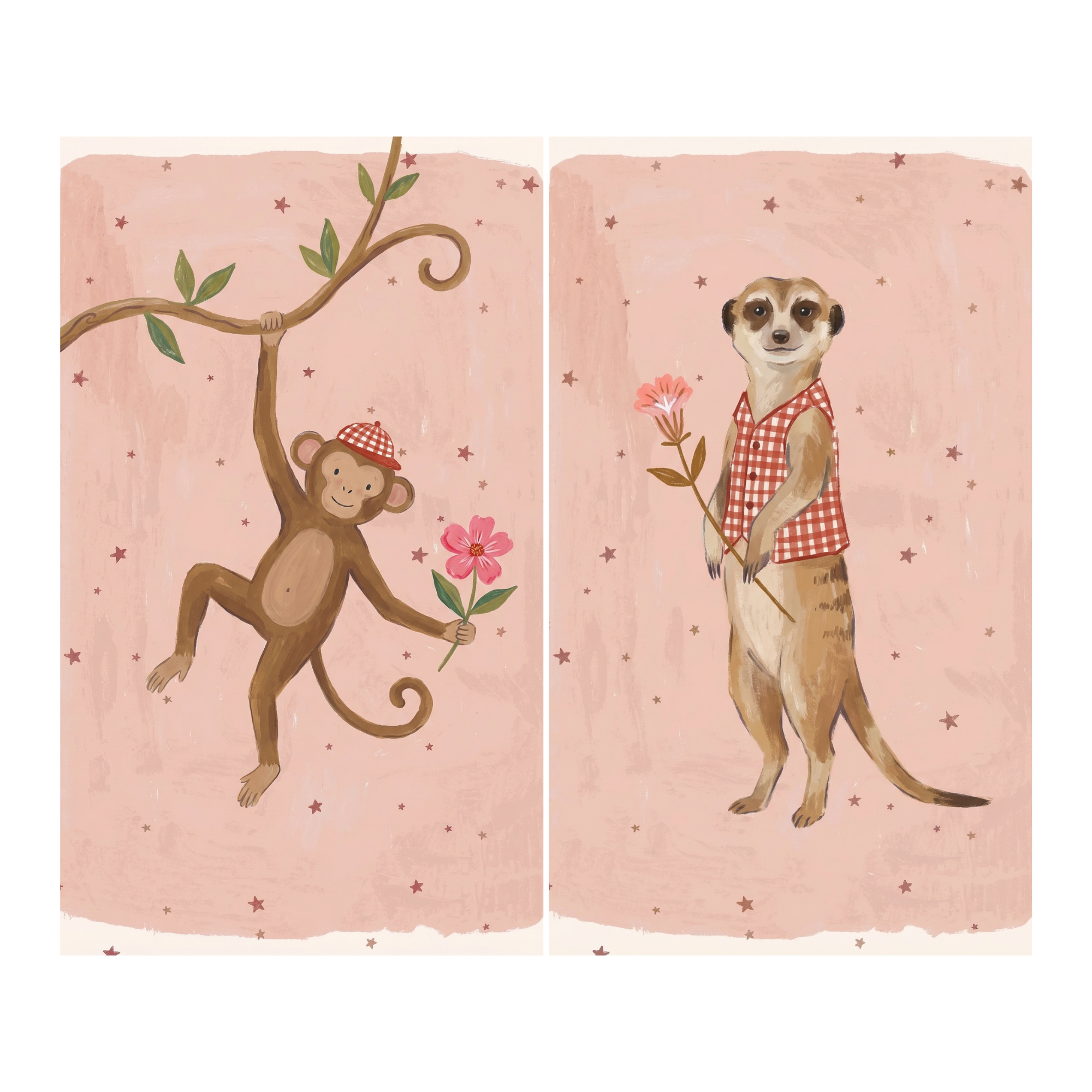 Holding Flower Safari Animals Wall Art Set of 2 - Sweet Pink Friends