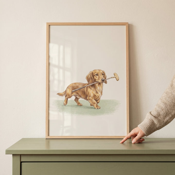 Illustration of long-haired dog, holding golf putter dachshund dog wall art, in a wooden frame on a green dresser.