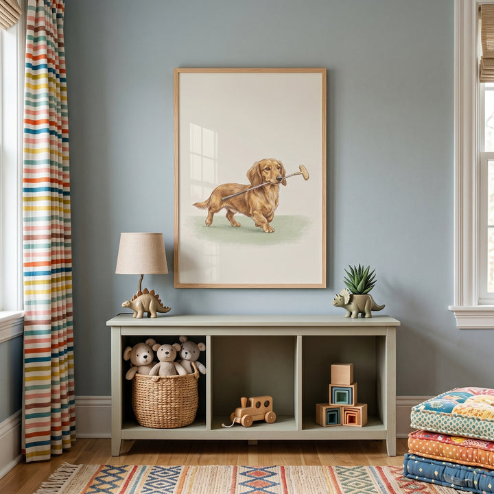 Holding golf putter dachshund dog wall art hangs in a nursery above a toy shelf with dinosaur decor and curtains.