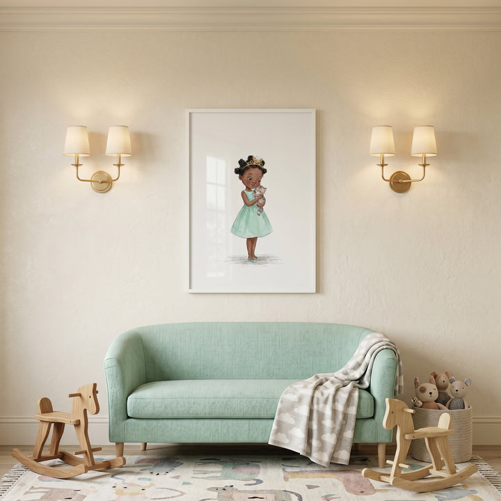 A mint green sofa sits below holding grey kitten girl wall art, framed by gold sconces and wooden rocking horses.