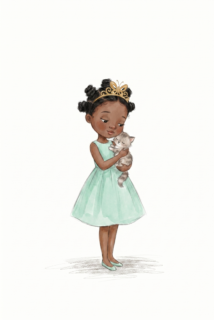 Young Black girl in a mint green dress and gold butterfly tiara holding grey kitten girl wall art.