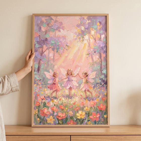 Holding hands dancing fairy wall art in a wooden frame shows three winged fairies in a sunlit meadow of colorful flowers.