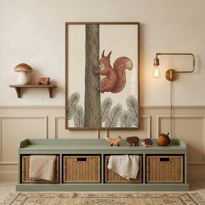 The holding pinecone red squirrel wall art hangs above a green bench with wicker baskets, wooden toys, and a brass lamp.
