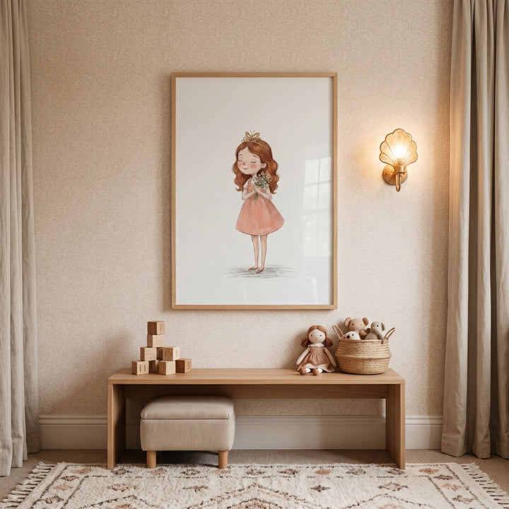 holding spring flowers girl wall art above a wooden bench with a doll, basket, and blocks in a neutral child's bedroom.