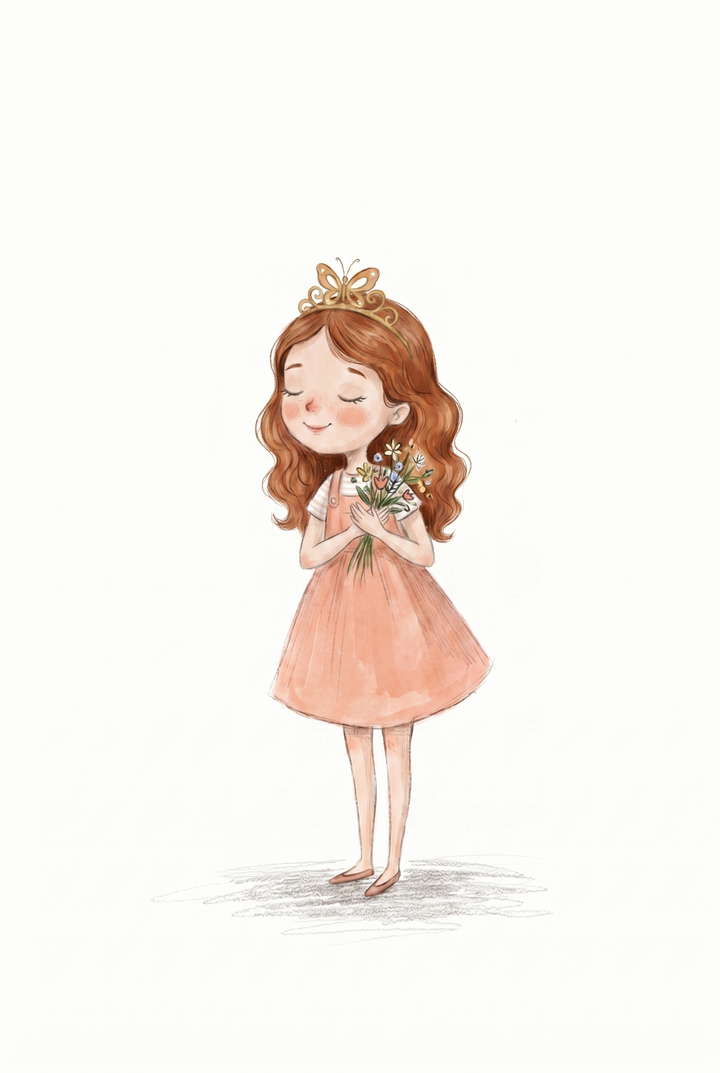 Brown-haired girl in a gold butterfly crown and peach dress holding spring flowers girl wall art.