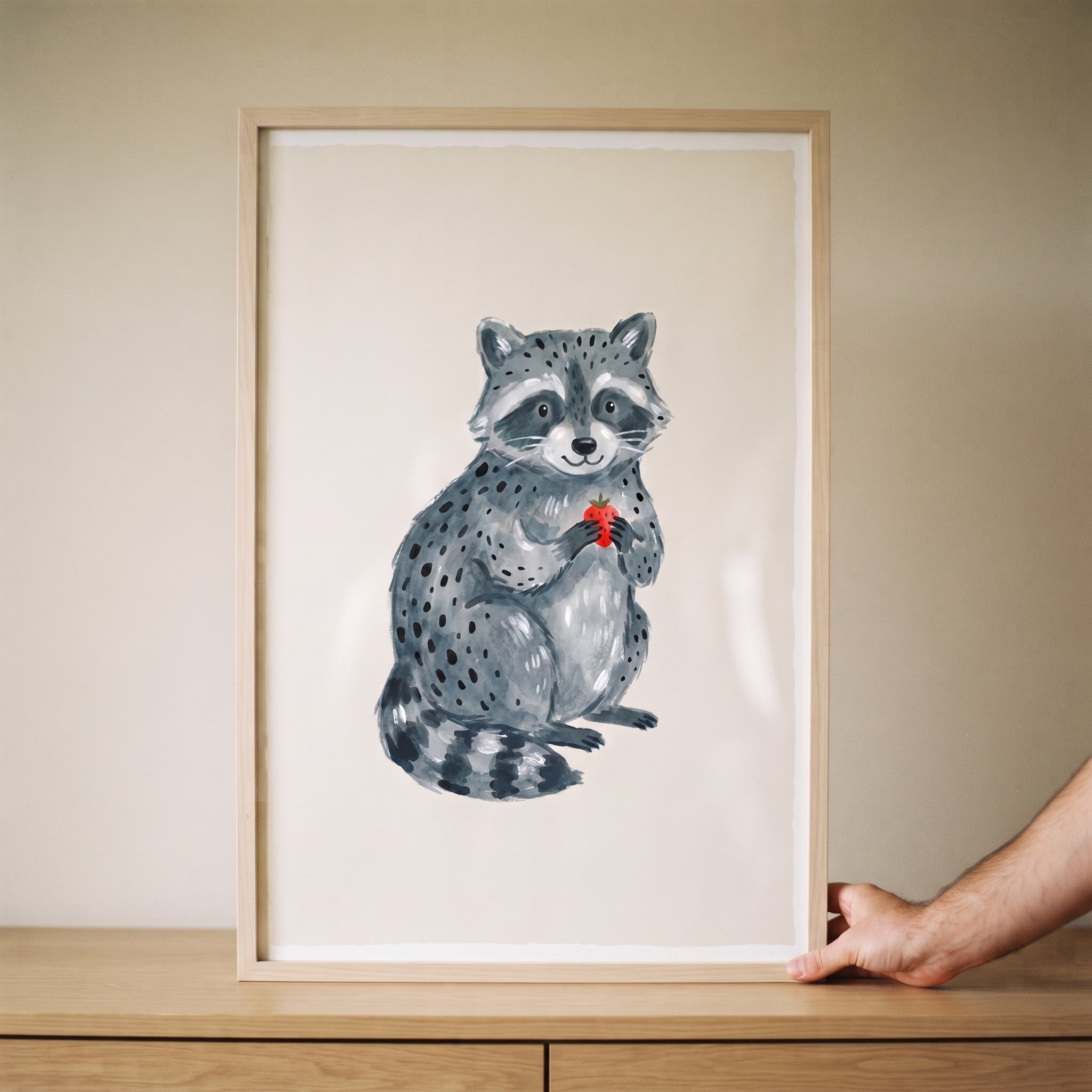Holding Strawberry Grey Raccoon Wall Art - Berry Sweet Raccoon