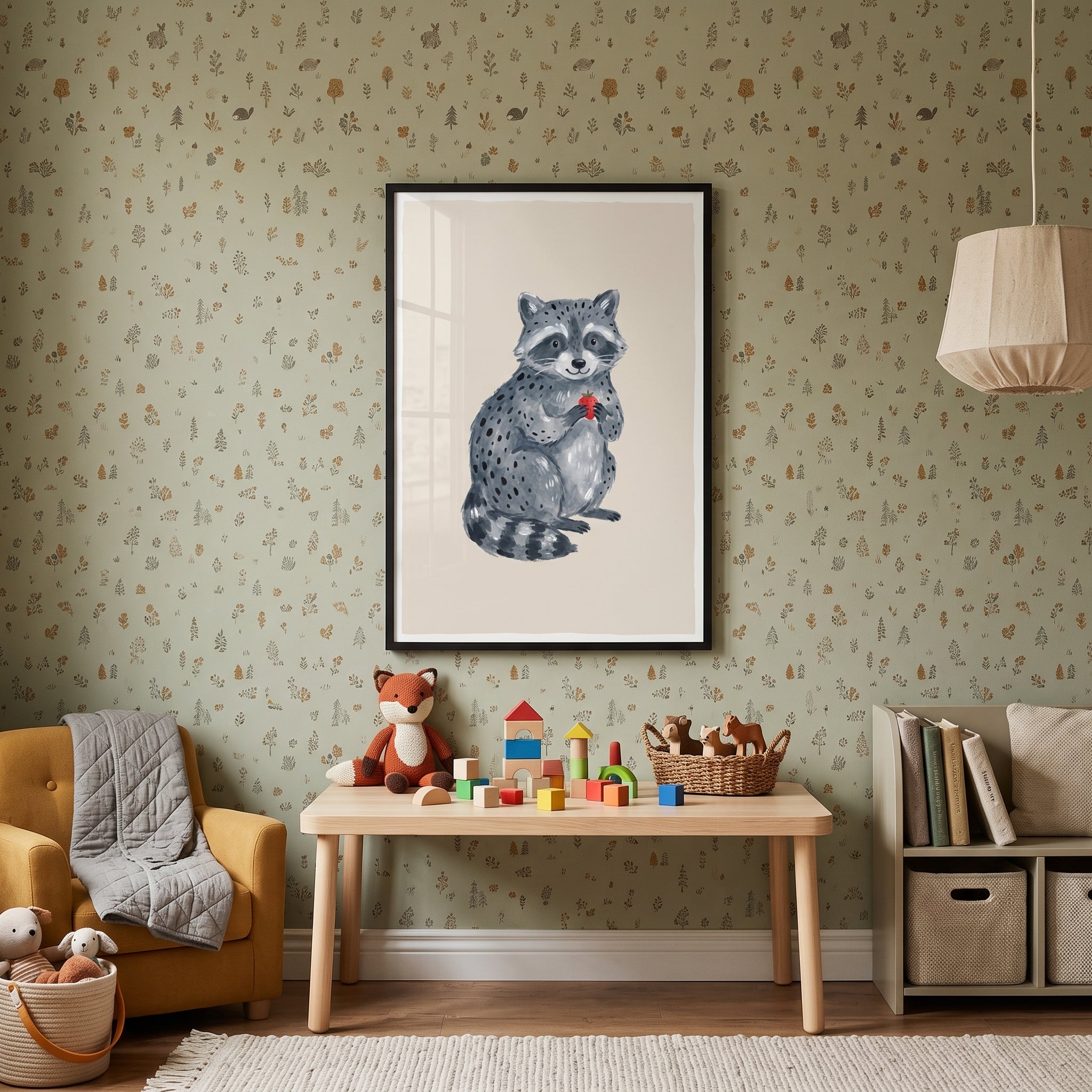 Holding Strawberry Grey Raccoon Wall Art - Berry Sweet Raccoon