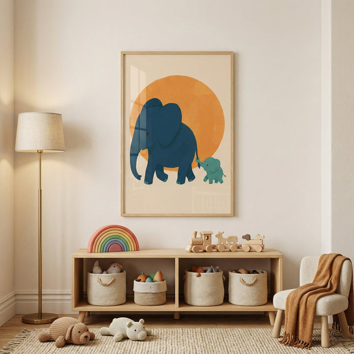 framed illustration of a blue elephant and baby elephant walking in front of a warm orange circle hangs above a wooden toy shelf in a cozy nursery. Woven baskets, a rainbow toy, plush animals, and a small chair with a blanket create a soft and inviting play space.