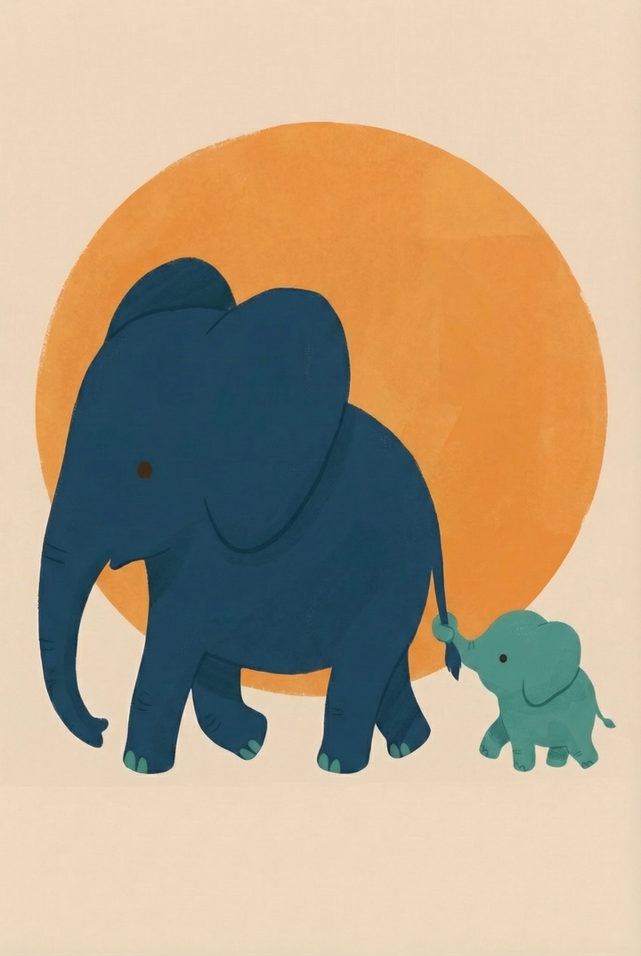 A minimalist digital illustration depicts a large dark blue elephant followed by a small teal baby elephant. The baby elephant uses its trunk to gently hold onto the tip of the larger elephant's tail as they walk. They are positioned in front of a large, textured orange sun-like circle, all set against a neutral, cream-colored backdrop. The style is simple and heartwarming, using flat colors and clean lines.