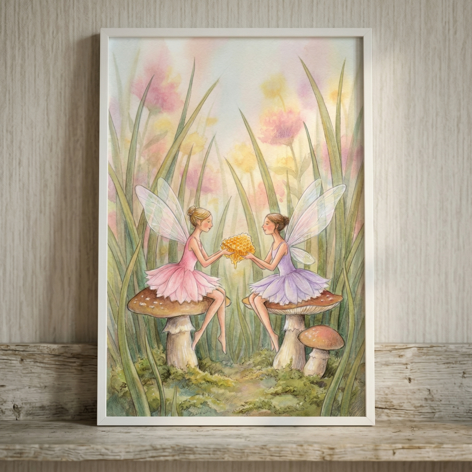 A framed illustration shows two small fairies sitting on large mushrooms in a meadow. One fairy wears a pink dress and the other wears purple. Together, they hold a piece of golden honeycomb. They are surrounded by tall grass and soft, pastel-colored flowers under a light, dreamy sky. The style is soft and detailed with a gentle color palette. The framed artwork sits on a wooden shelf against a textured wall.